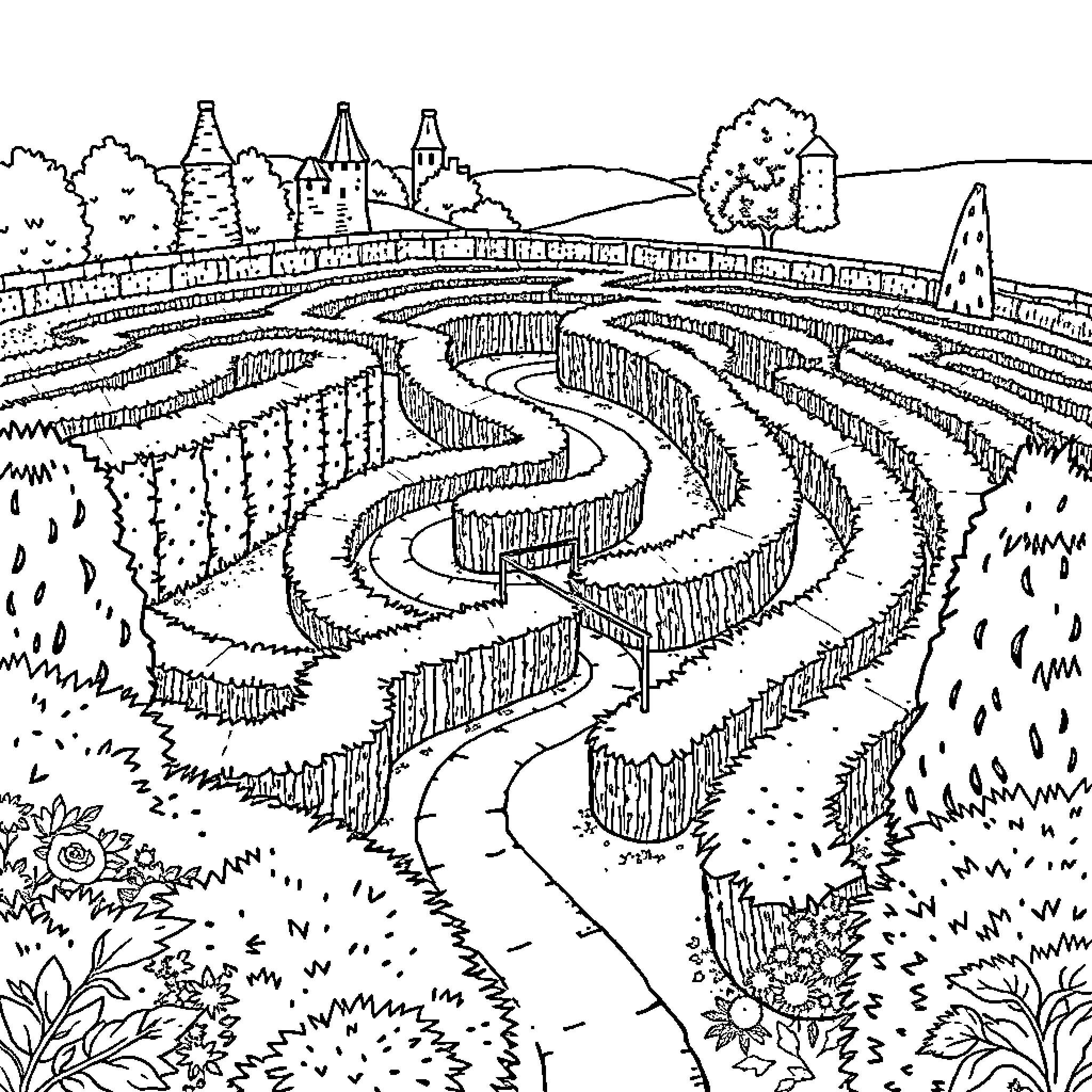 Maze of winding paths through a rural landscape Coloring Page (free black-and-white line drawing printable PDF for all, from beginners to advanced learners, including children, teens, adults, and seniors)