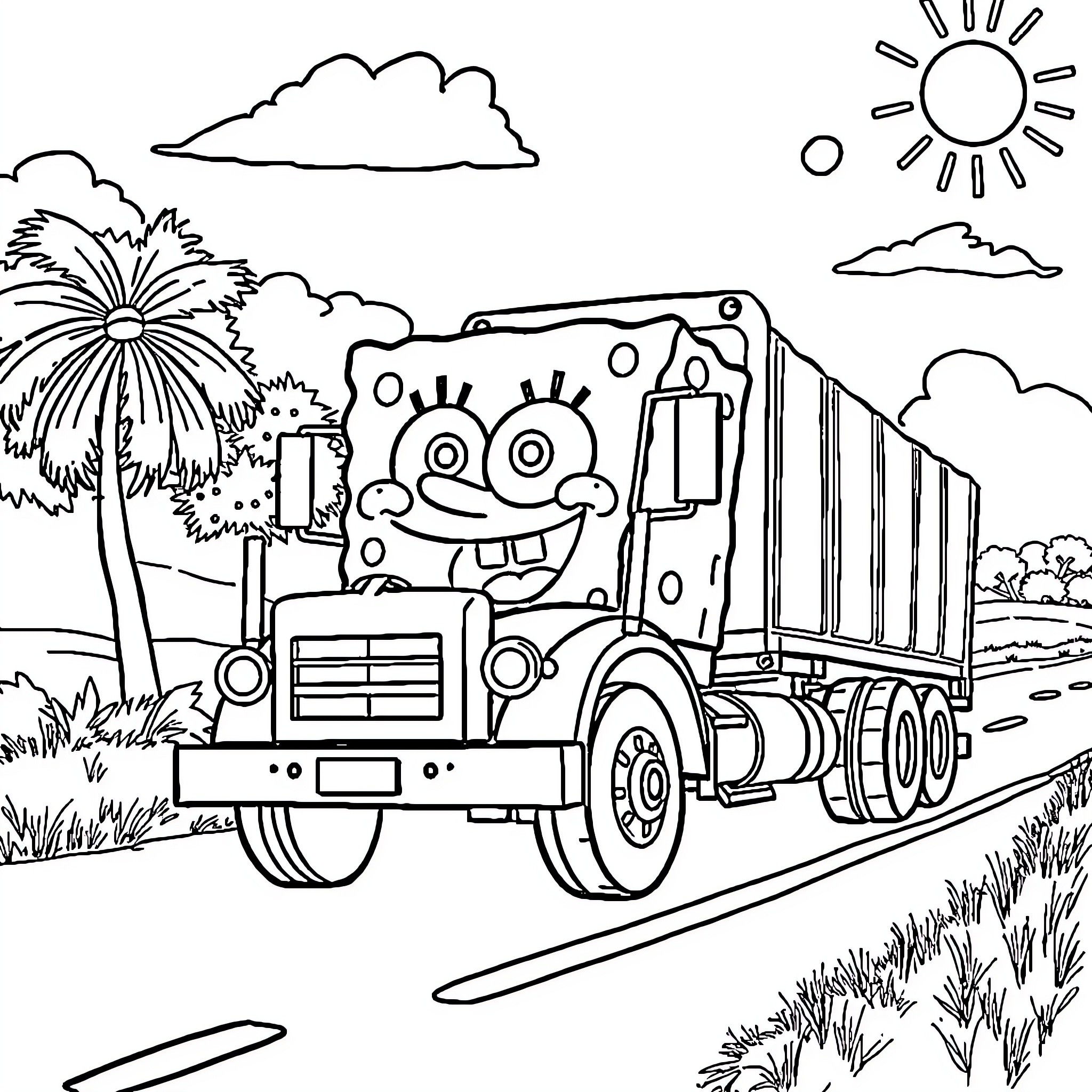 Spongebob driving a truck on the road Coloring Page (free black-and-white line drawing printable PDF for all, from beginners to advanced learners, including children, teens, adults, and seniors)