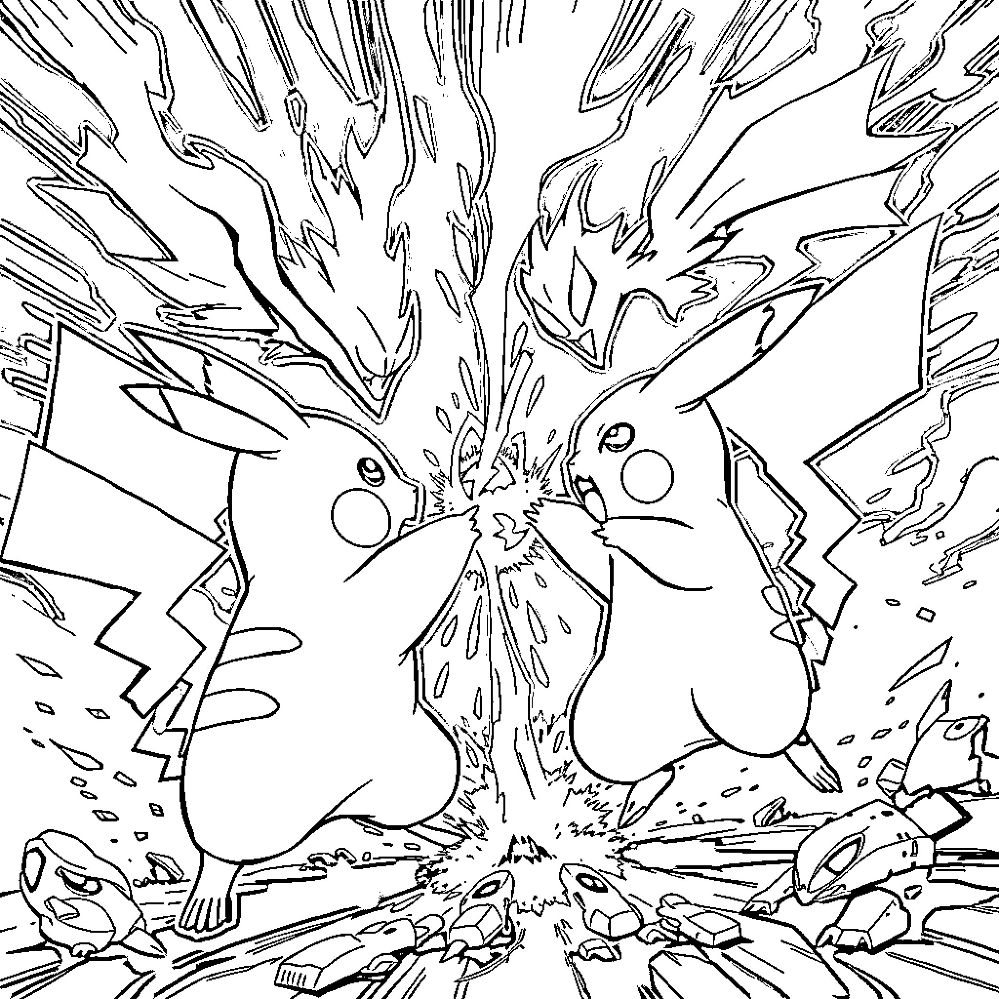 Pikachu's Explosive Encounter Coloring Page (free black-and-white line drawing printable PDF for all, from beginners to advanced learners, including children, teens, adults, and seniors)