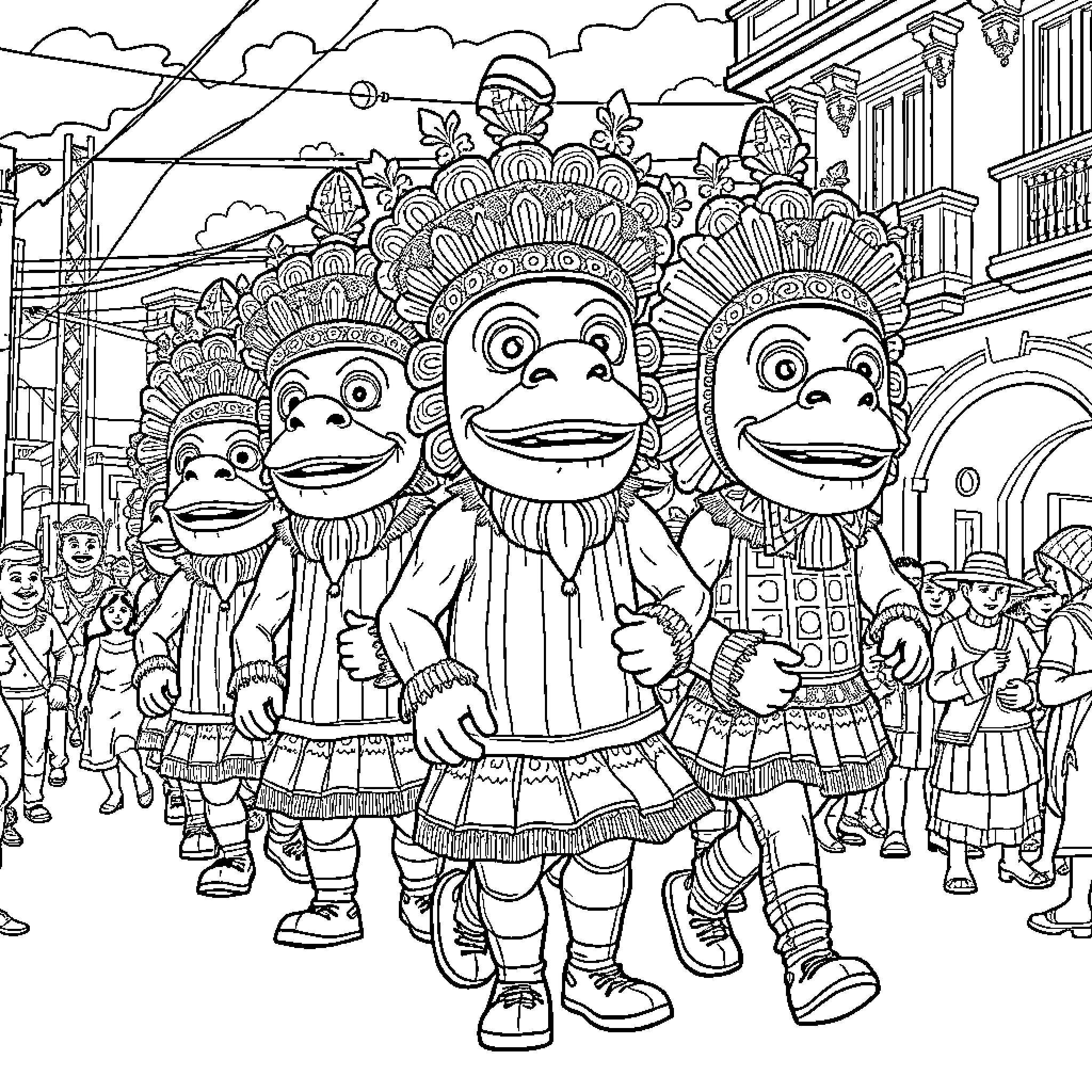 Cabezudo Parade of Colorful Festive Figures Coloring Page (free black-and-white line drawing printable PDF for all, from beginners to advanced learners, including children, teens, adults, and seniors)