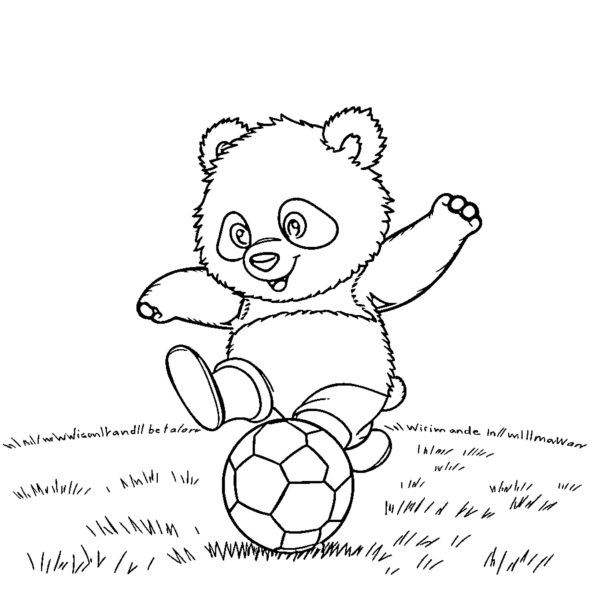 Panda playing with soccer ball on grassy field Coloring Page (free black-and-white line drawing printable PDF for all, from beginners to advanced learners, including children, teens, adults, and seniors)