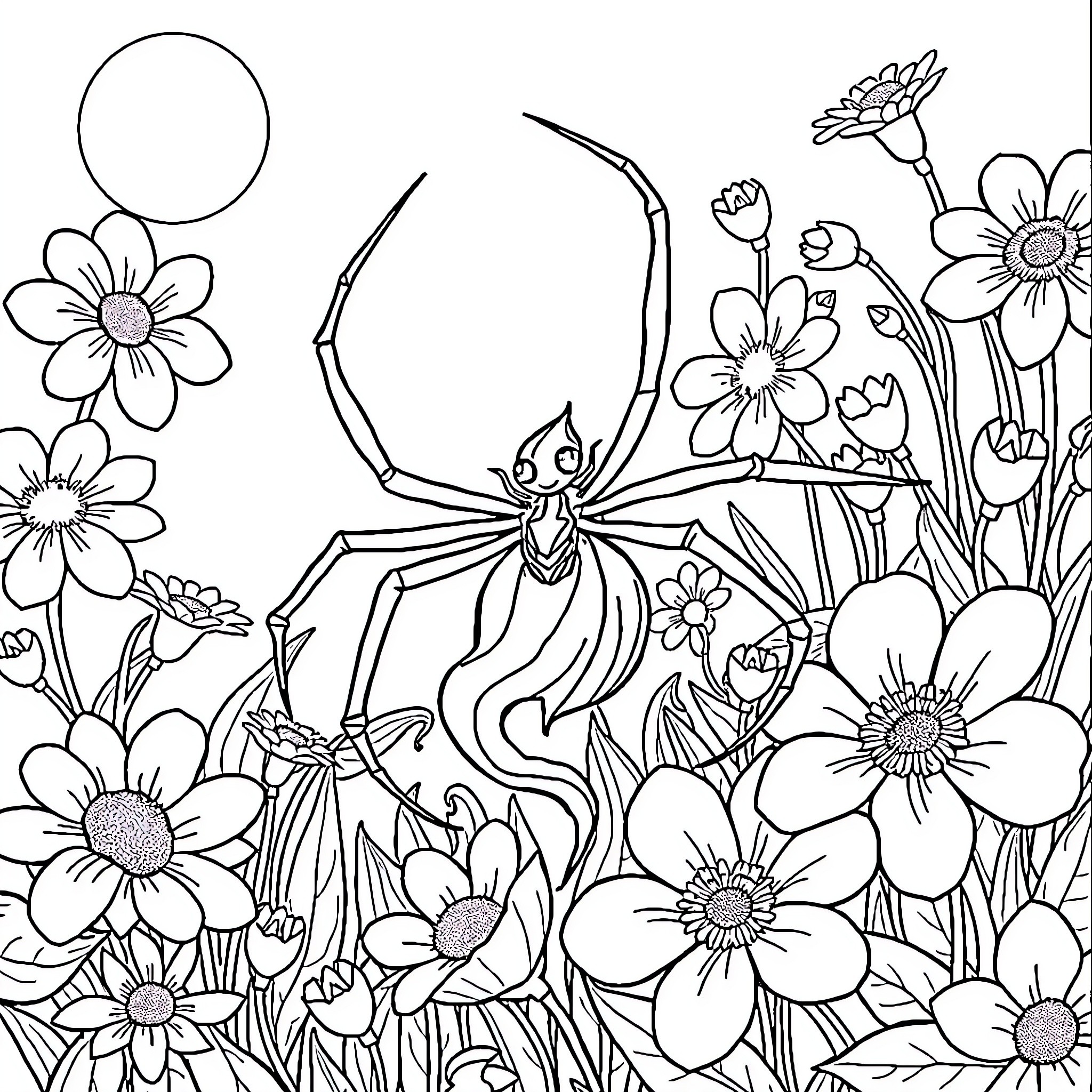 Ghost Spider exploring the enchanted floral garden Coloring Page (free black-and-white line drawing printable PDF for all, from beginners to advanced learners, including children, teens, adults, and seniors)