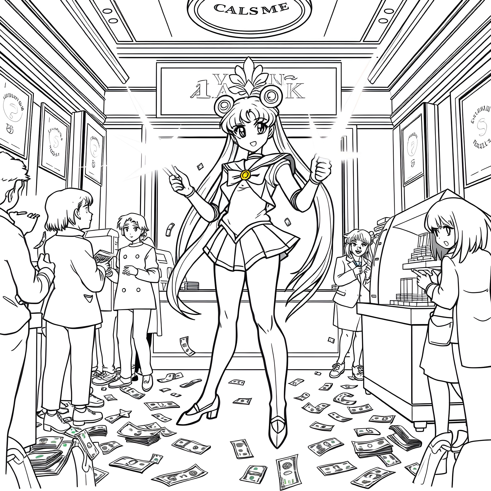 Sailor Moon Exploring a Magical Bookshop Coloring Page (free black-and-white line drawing printable PDF for all, from beginners to advanced learners, including children, teens, adults, and seniors)