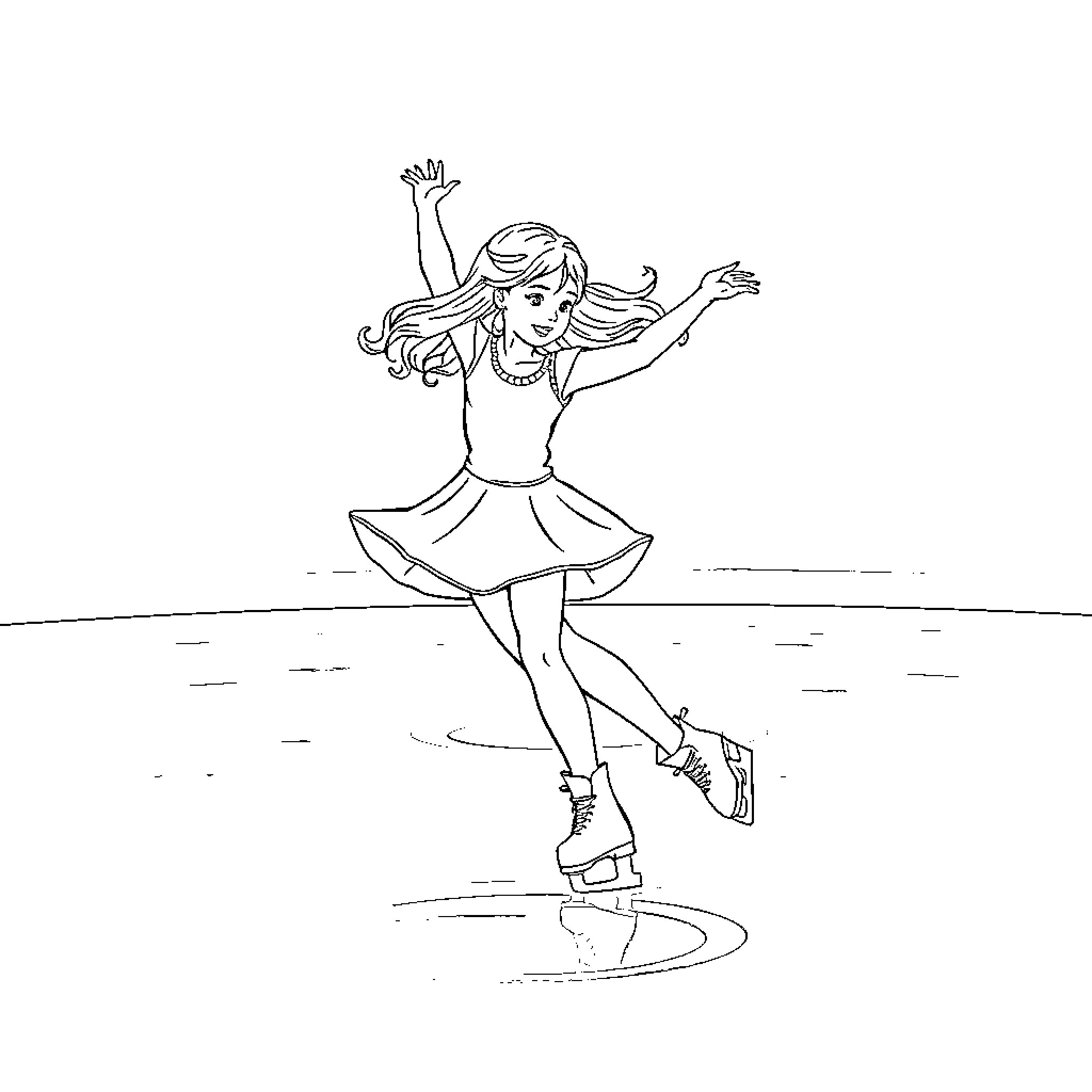 Ice Skater Gracefully Gliding on the Ice Coloring Page (free black-and-white line drawing printable PDF for all, from beginners to advanced learners, including children, teens, adults, and seniors)