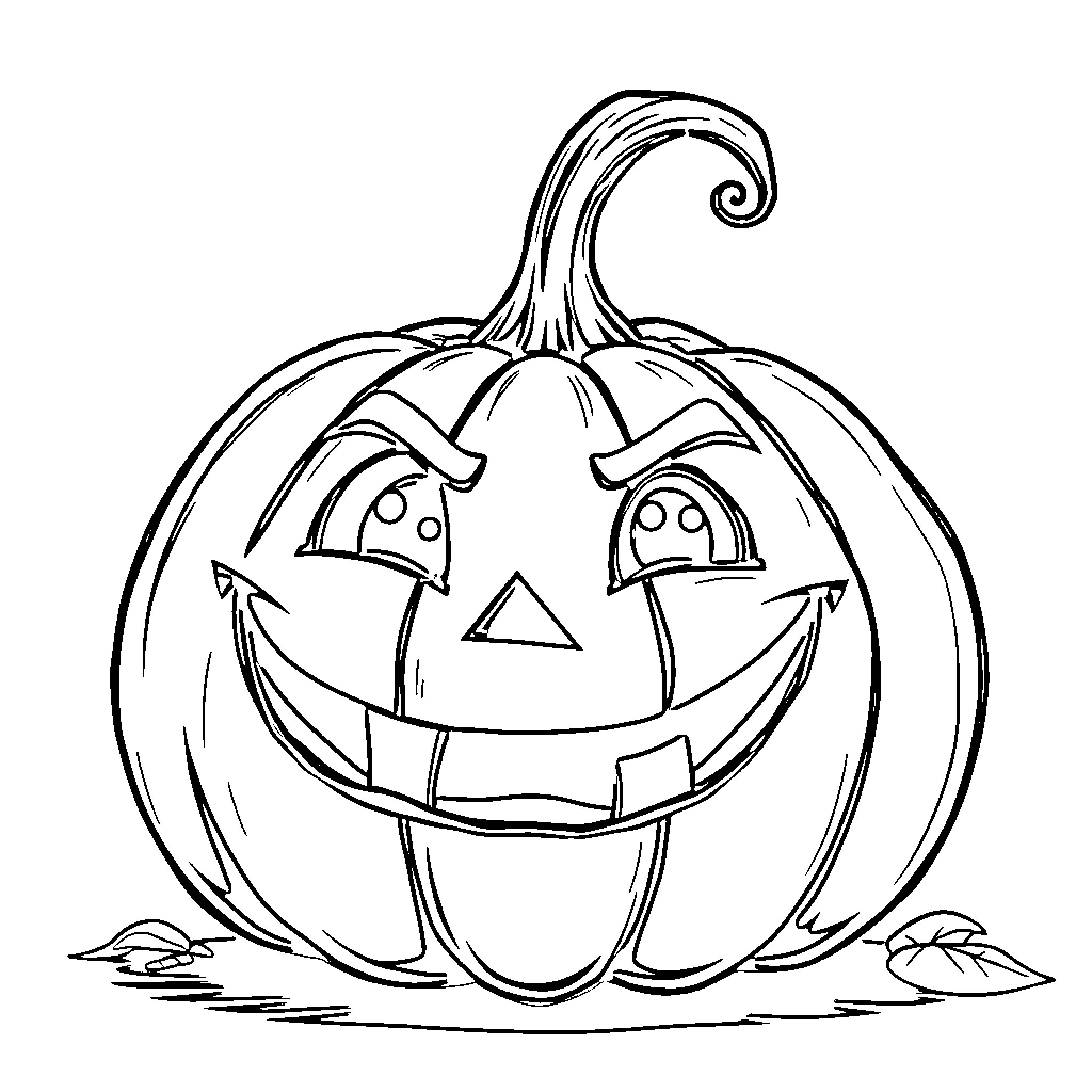 Pumpkin with a Mischievous Grin Coloring Page (free black-and-white line drawing printable PDF for all, from beginners to advanced learners, including children, teens, adults, and seniors)