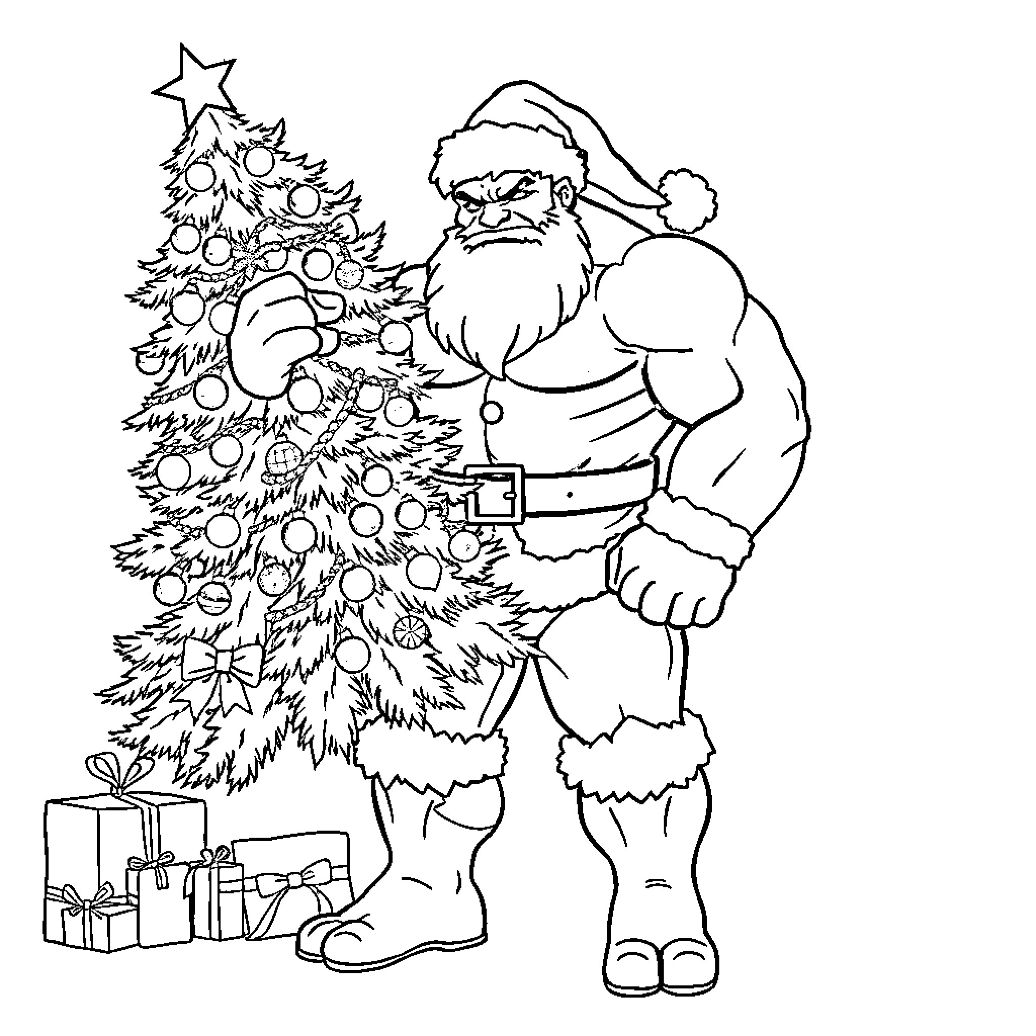 Hulk Decorating Christmas Tree with Gifts Coloring Page (free black-and-white line drawing printable PDF for all, from beginners to advanced learners, including children, teens, adults, and seniors)