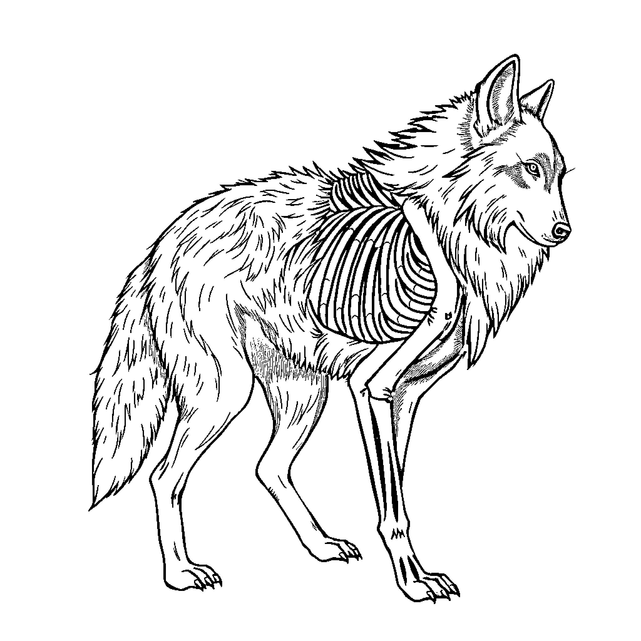 Wolf Skeleton in Detailed Illustration Coloring Page (free black-and-white line drawing printable PDF for all, from beginners to advanced learners, including children, teens, adults, and seniors)