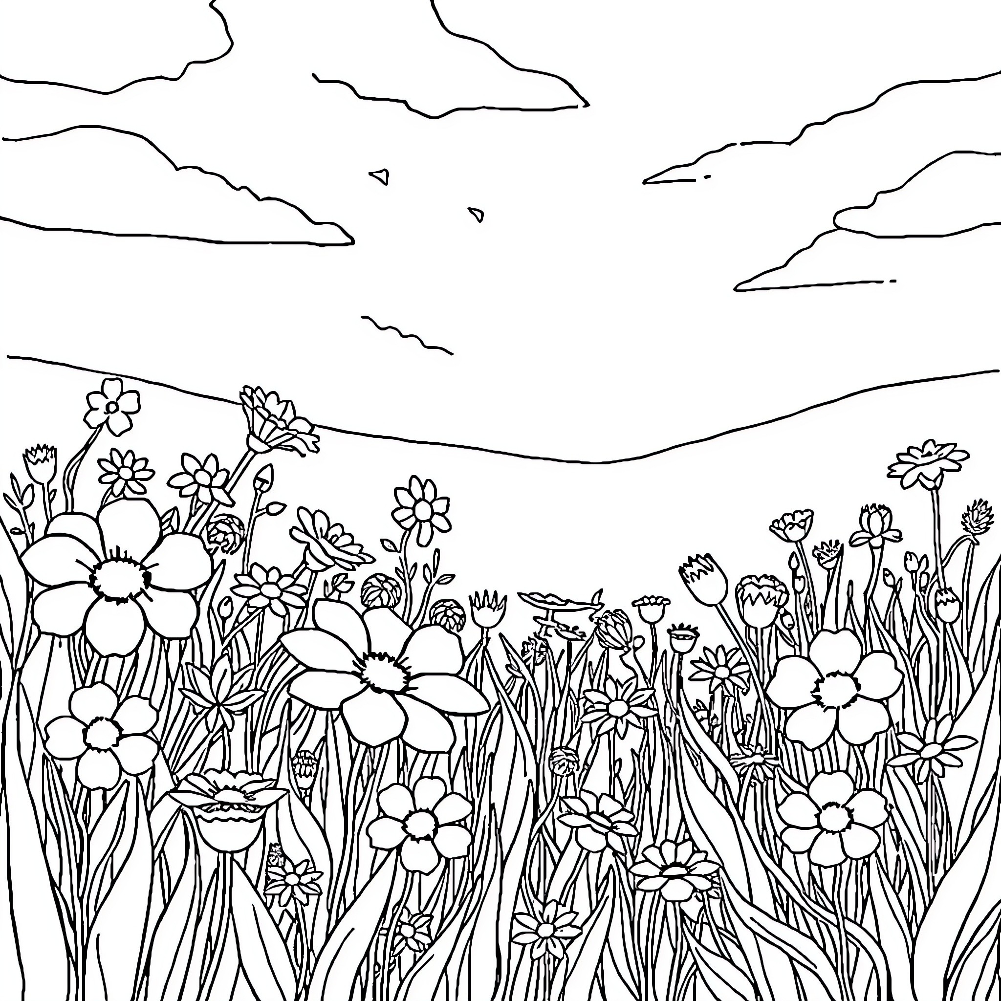 Flower Garden in the Countryside Coloring Page (free black-and-white line drawing printable PDF for all, from beginners to advanced learners, including children, teens, adults, and seniors)