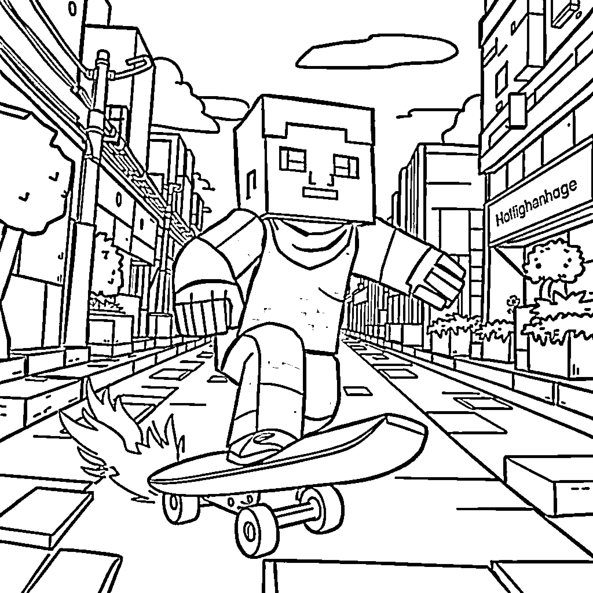 Minecraft Character Riding Skateboard in Urban Environment Coloring Page (free black-and-white line drawing printable PDF for all, from beginners to advanced learners, including children, teens, adults, and seniors)