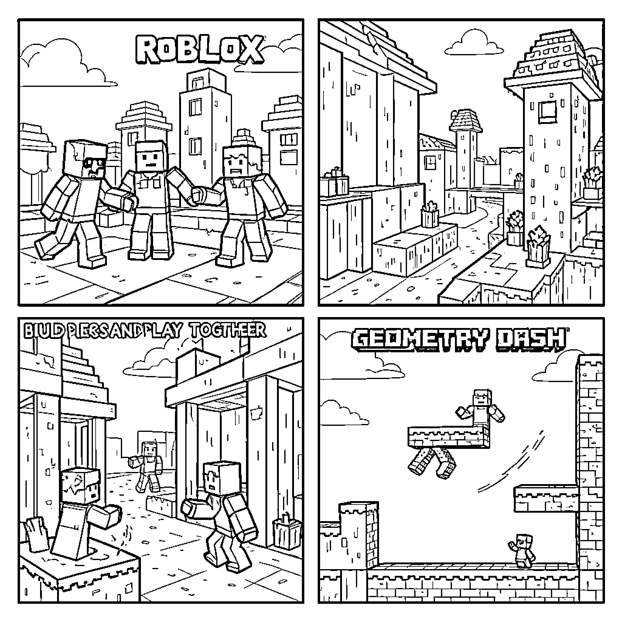 Game characters exploring different blocky worlds and landscapes Coloring Page (free black-and-white line drawing printable PDF for all, from beginners to advanced learners, including children, teens, adults, and seniors)