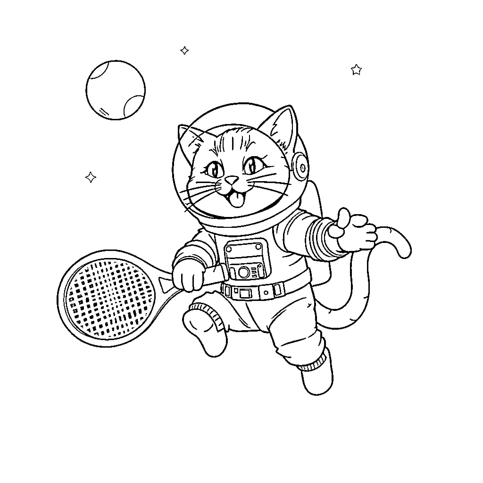 Cat astronaut playing tennis in space Coloring Page (free black-and-white line drawing printable PDF for all, from beginners to advanced learners, including children, teens, adults, and seniors)