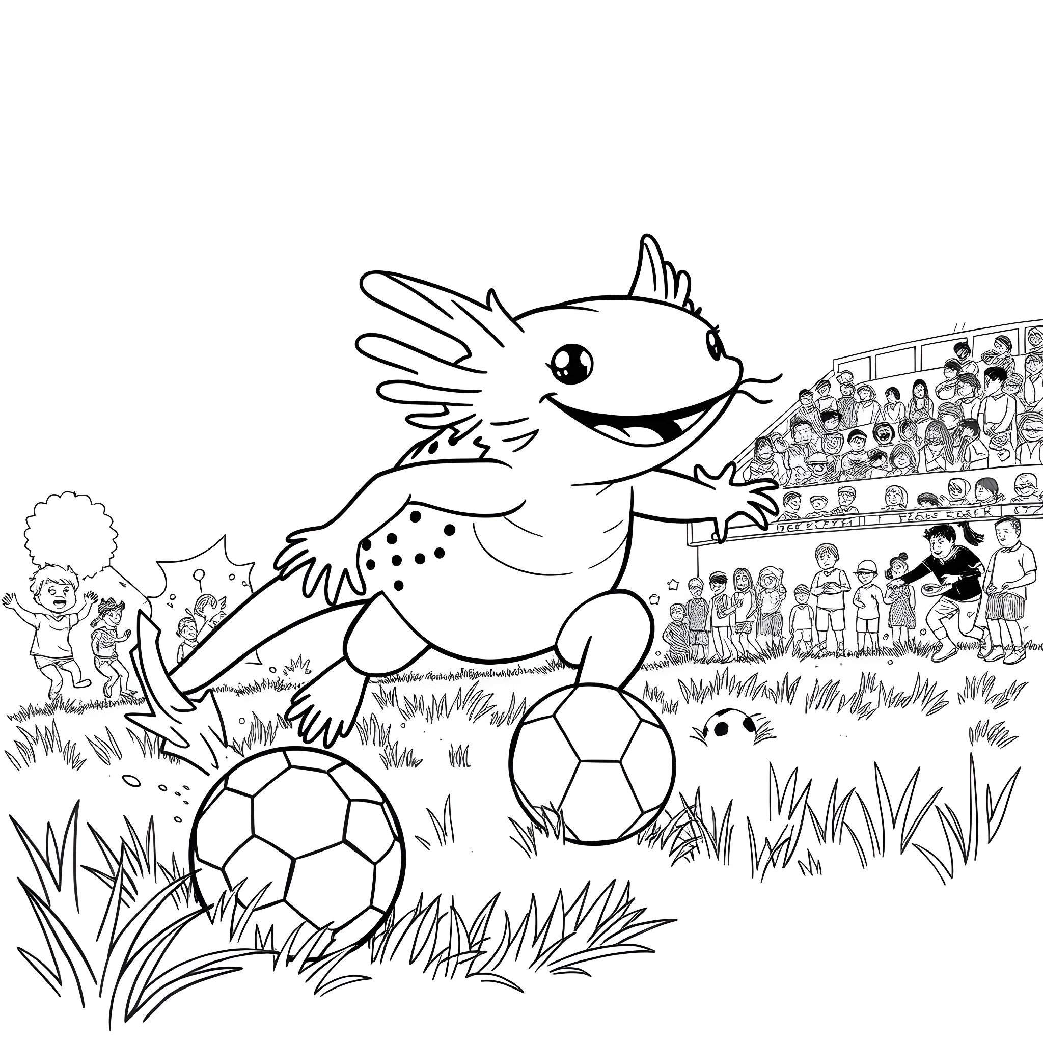 Axolotl playing with a soccer ball on the field Coloring Page (free black-and-white line drawing printable PDF for all, from beginners to advanced learners, including children, teens, adults, and seniors)