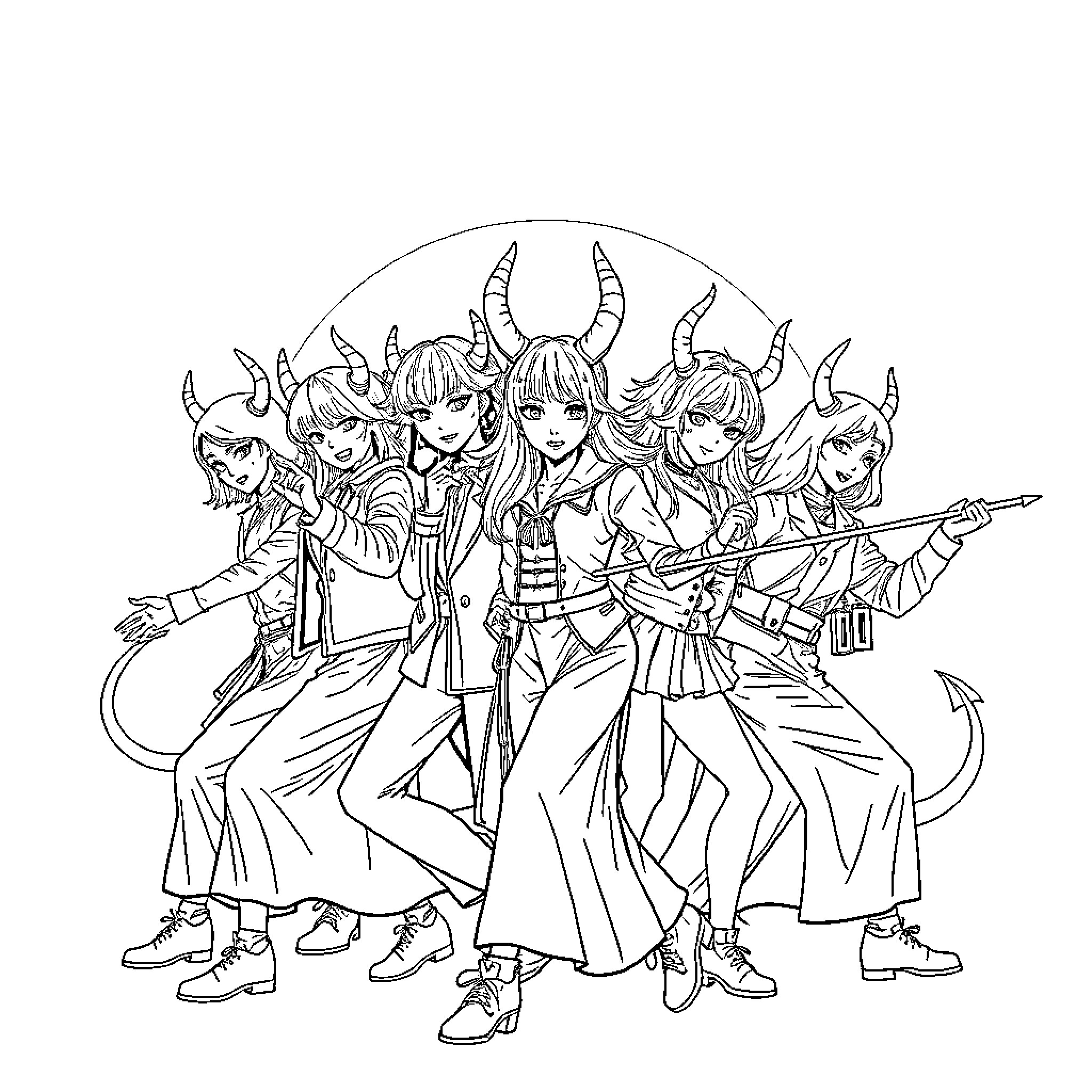 Demon Hunter Squad Assembles for Battle Coloring Page (free black-and-white line drawing printable PDF for all, from beginners to advanced learners, including children, teens, adults, and seniors)
