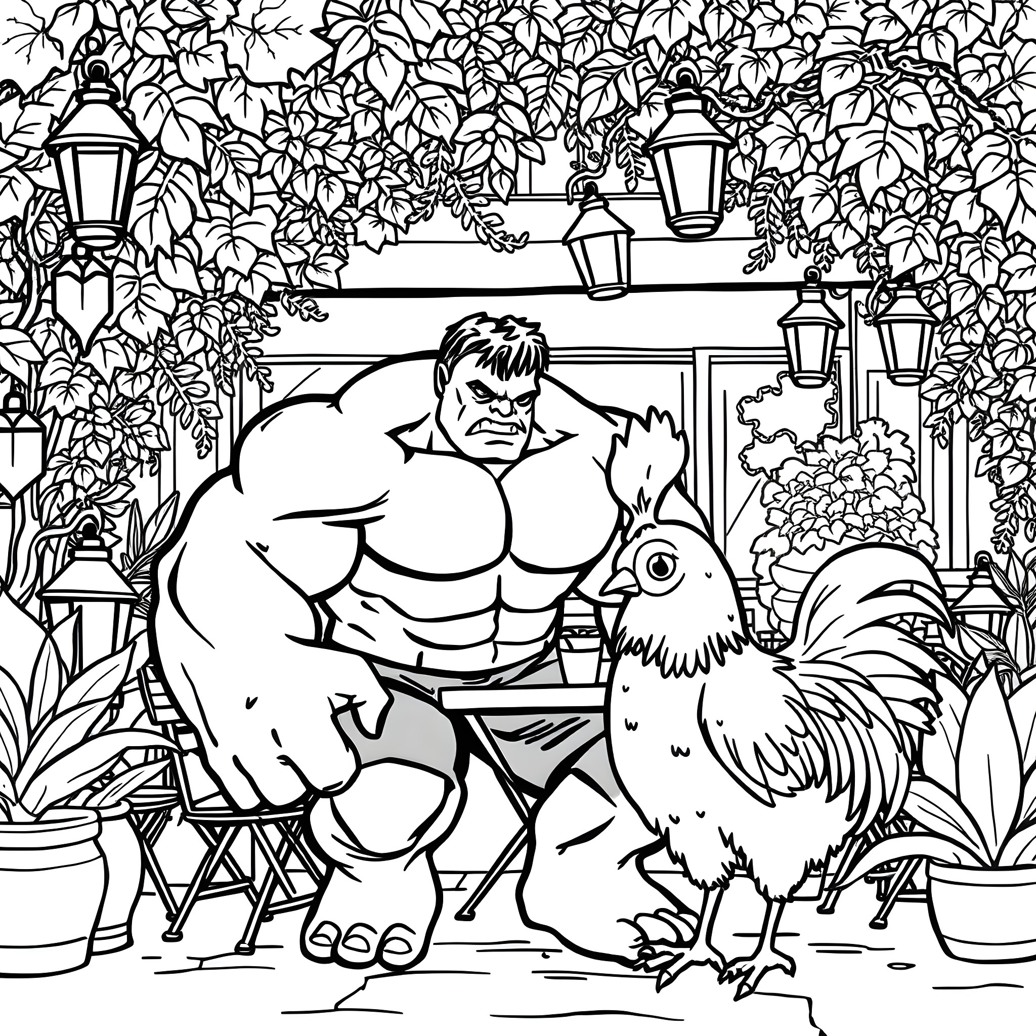 Hulk Relaxing in a Lush Garden with a Rooster Coloring Page (free black-and-white line drawing printable PDF for all, from beginners to advanced learners, including children, teens, adults, and seniors)