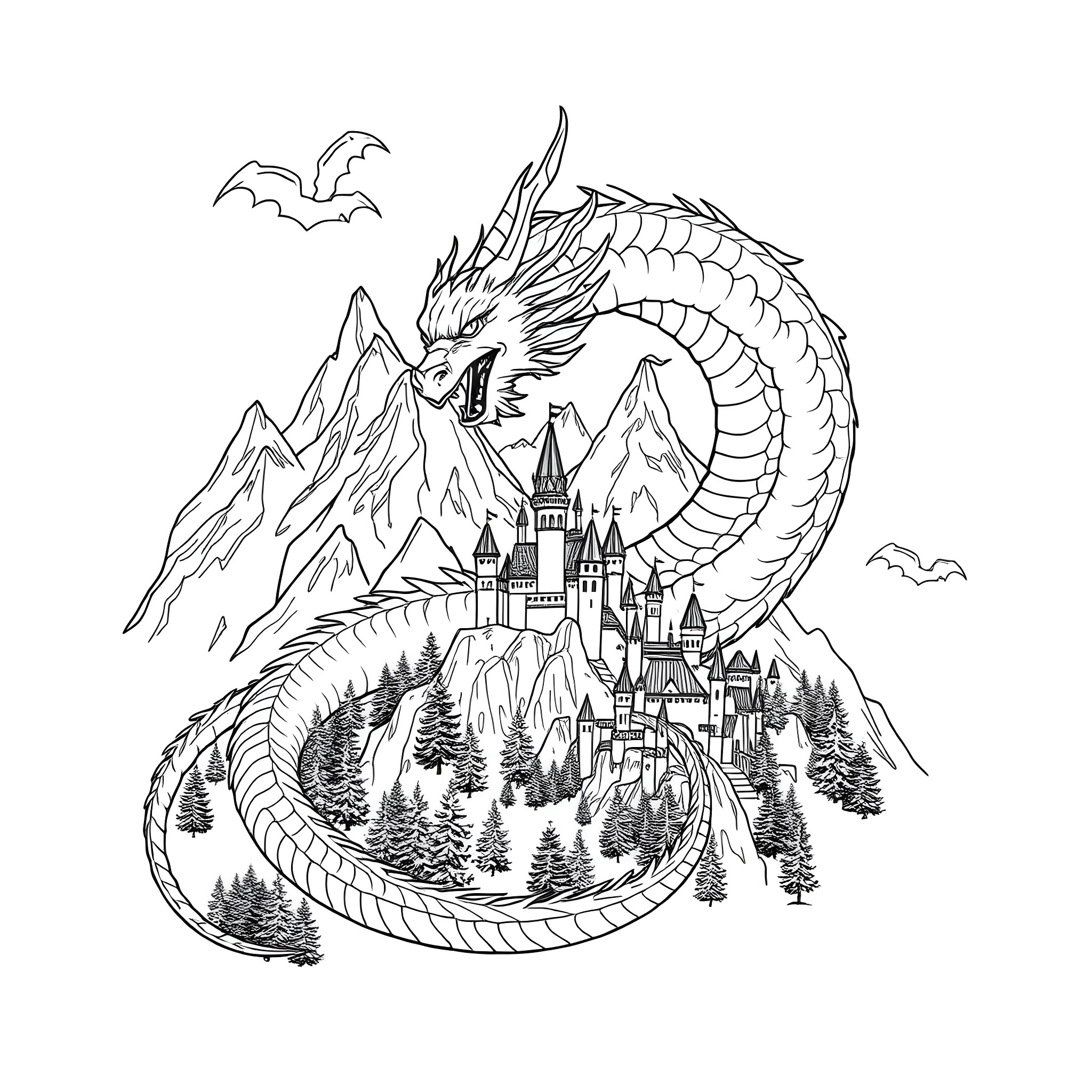 Dragon guarding a medieval castle in the mountains Coloring Page (free black-and-white line drawing printable PDF for all, from beginners to advanced learners, including children, teens, adults, and seniors)