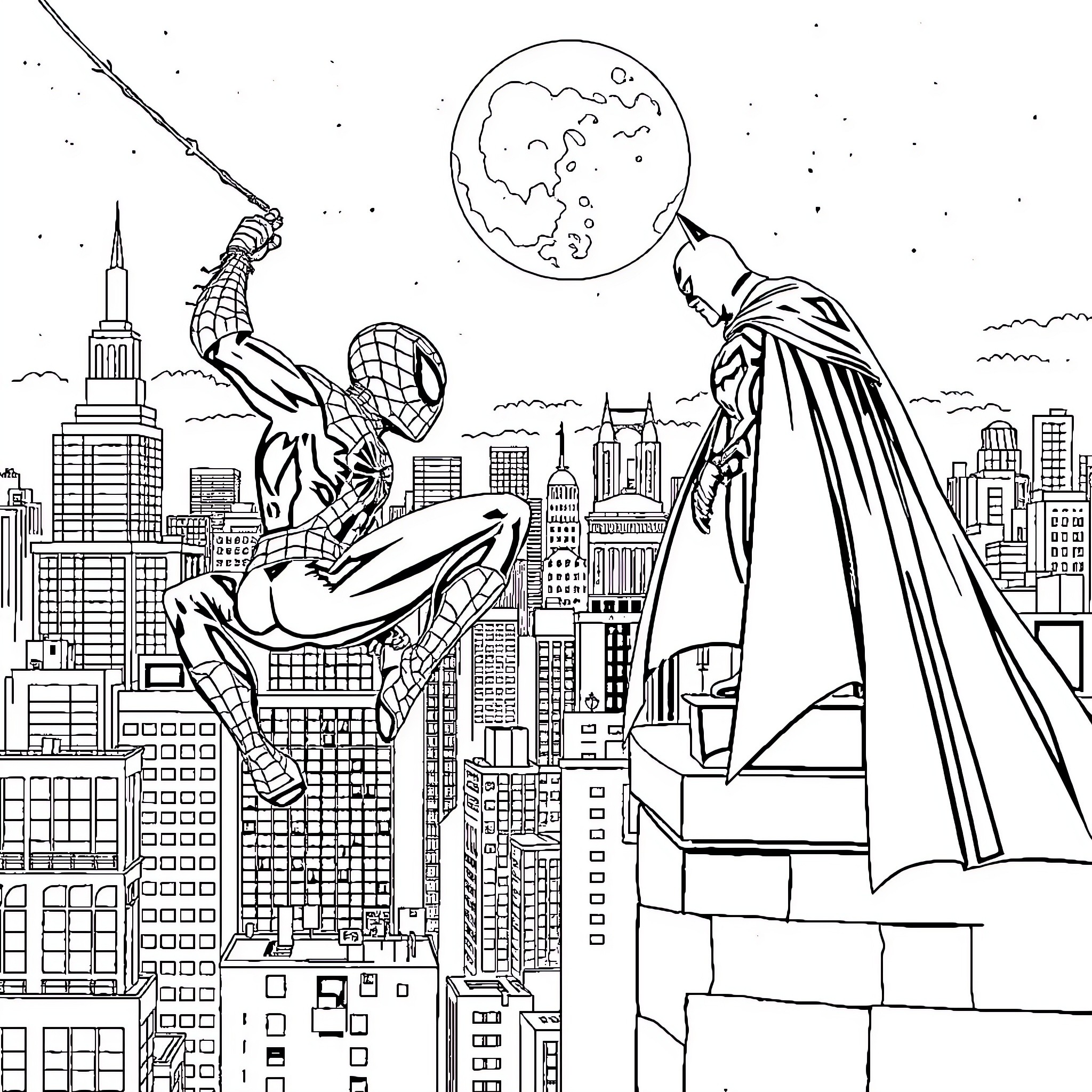 Spider-Man battling with a villain over the city skyline Coloring Page (free black-and-white line drawing printable PDF for all, from beginners to advanced learners, including children, teens, adults, and seniors)