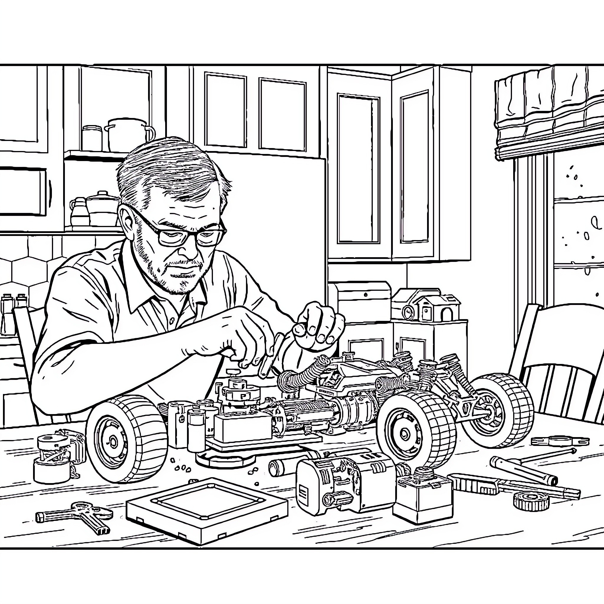 Dad Repairing Intricate Toy Car in Workshop Coloring Page (free black-and-white line drawing printable PDF for all, from beginners to advanced learners, including children, teens, adults, and seniors)