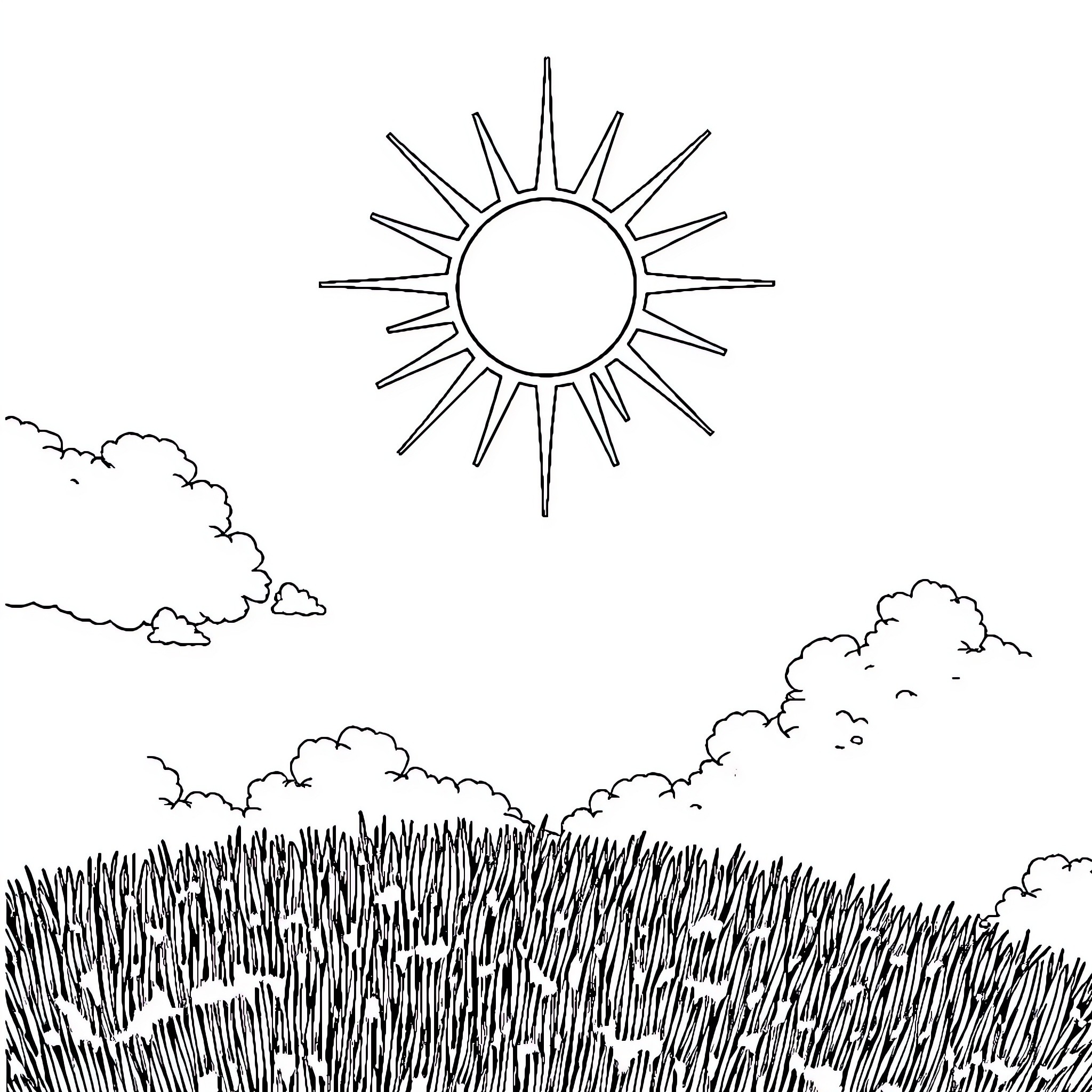 Sun shining brightly over grassy landscape Coloring Page (free black-and-white line drawing printable PDF for all, from beginners to advanced learners, including children, teens, adults, and seniors)