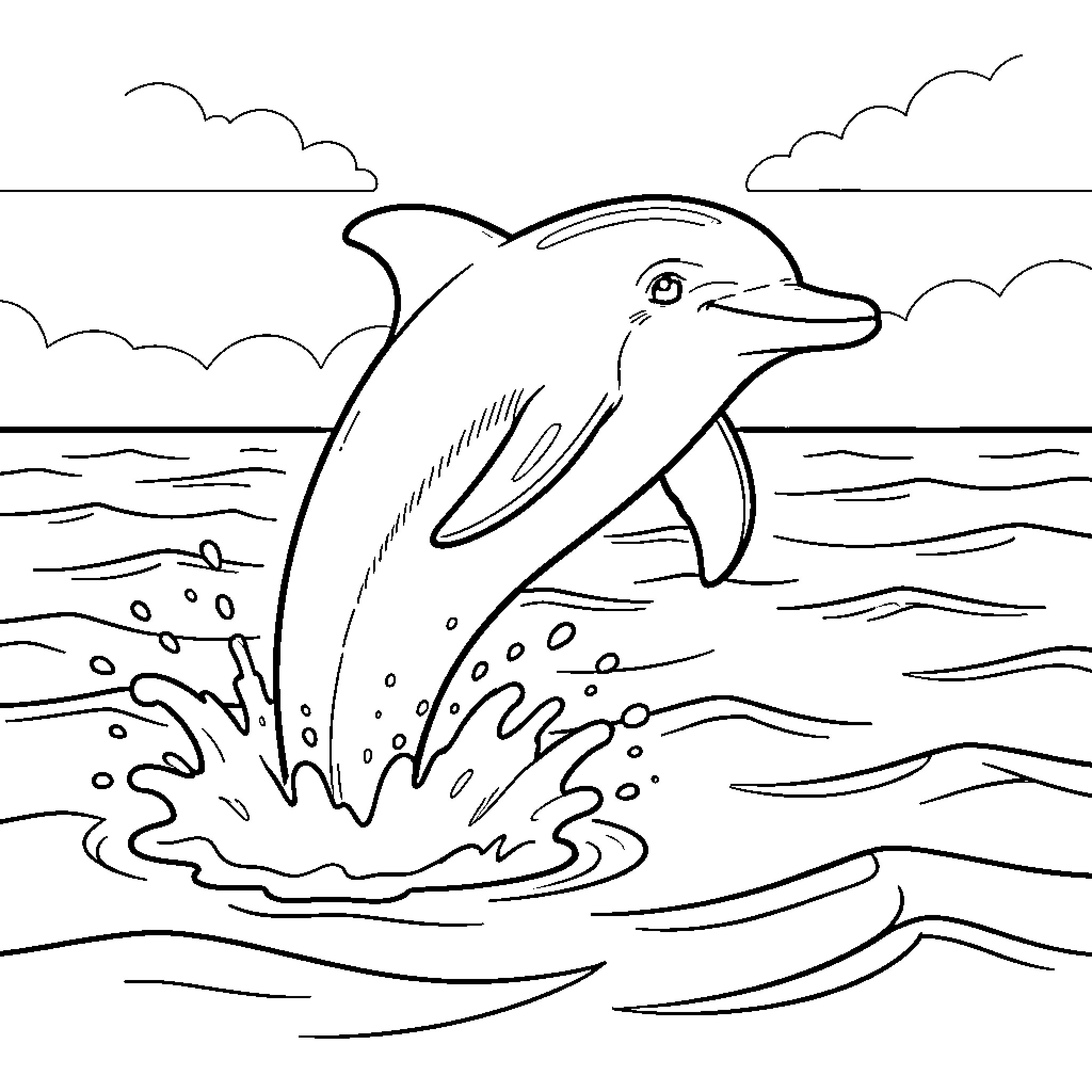 Dolphin jumping playfully in the ocean Coloring Page (free black-and-white line drawing printable PDF for all, from beginners to advanced learners, including children, teens, adults, and seniors)