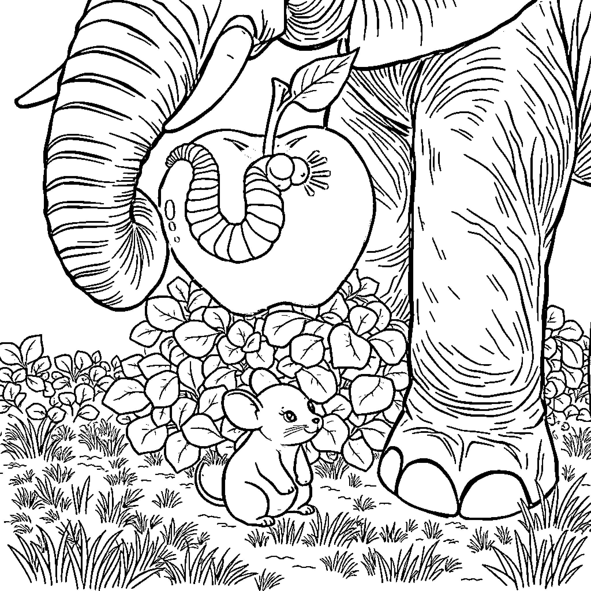 Worm exploring a lush garden with a curious mouse Coloring Page (free black-and-white line drawing printable PDF for all, from beginners to advanced learners, including children, teens, adults, and seniors)