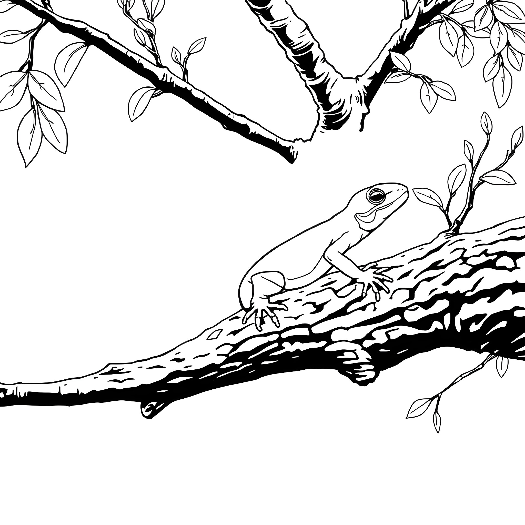 Emerald Tree Skink perching on branch Coloring Page (free black-and-white line drawing printable PDF for all, from beginners to advanced learners, including children, teens, adults, and seniors)