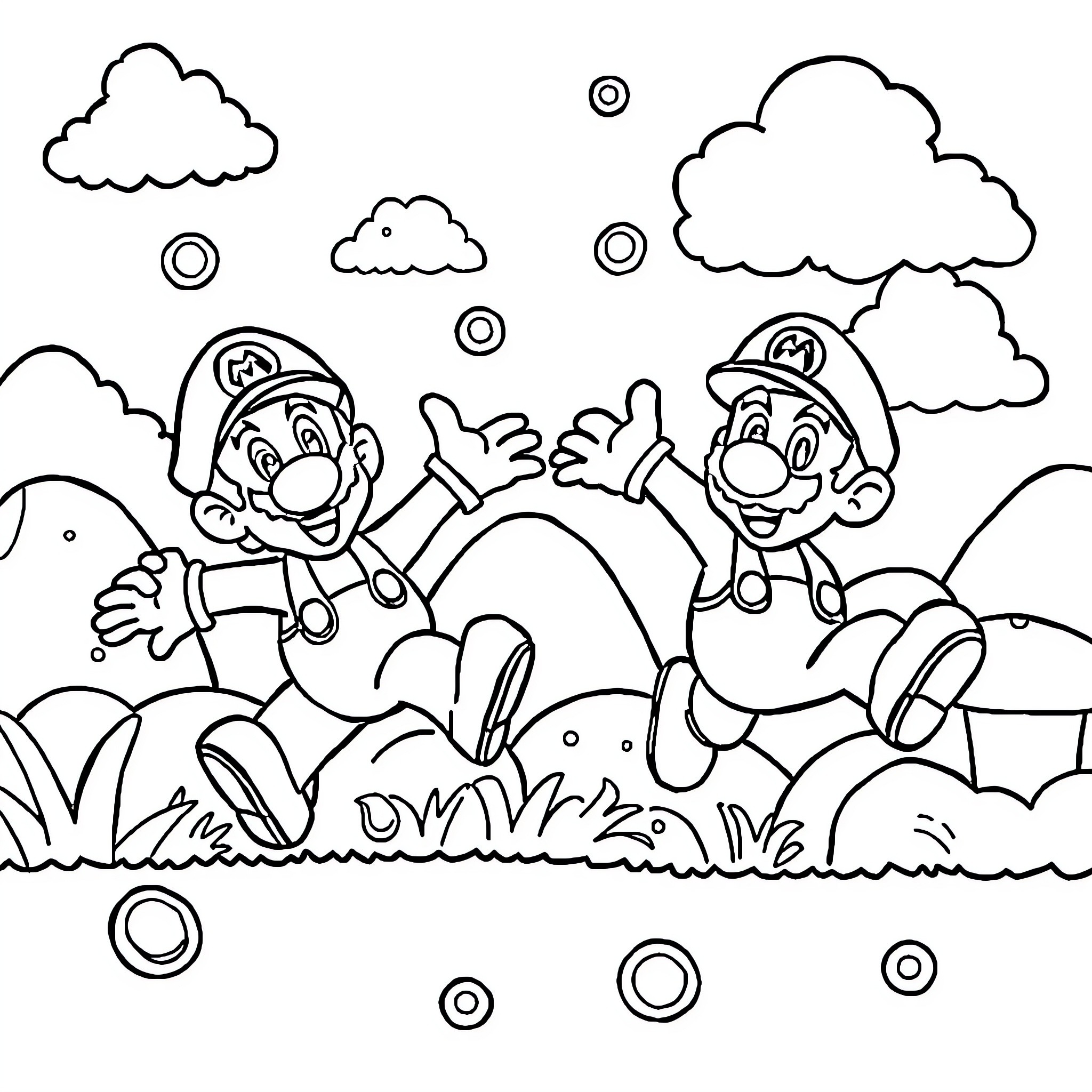 Mario and Luigi playing together in a grassy field Coloring Page (free black-and-white line drawing printable PDF for all, from beginners to advanced learners, including children, teens, adults, and seniors)