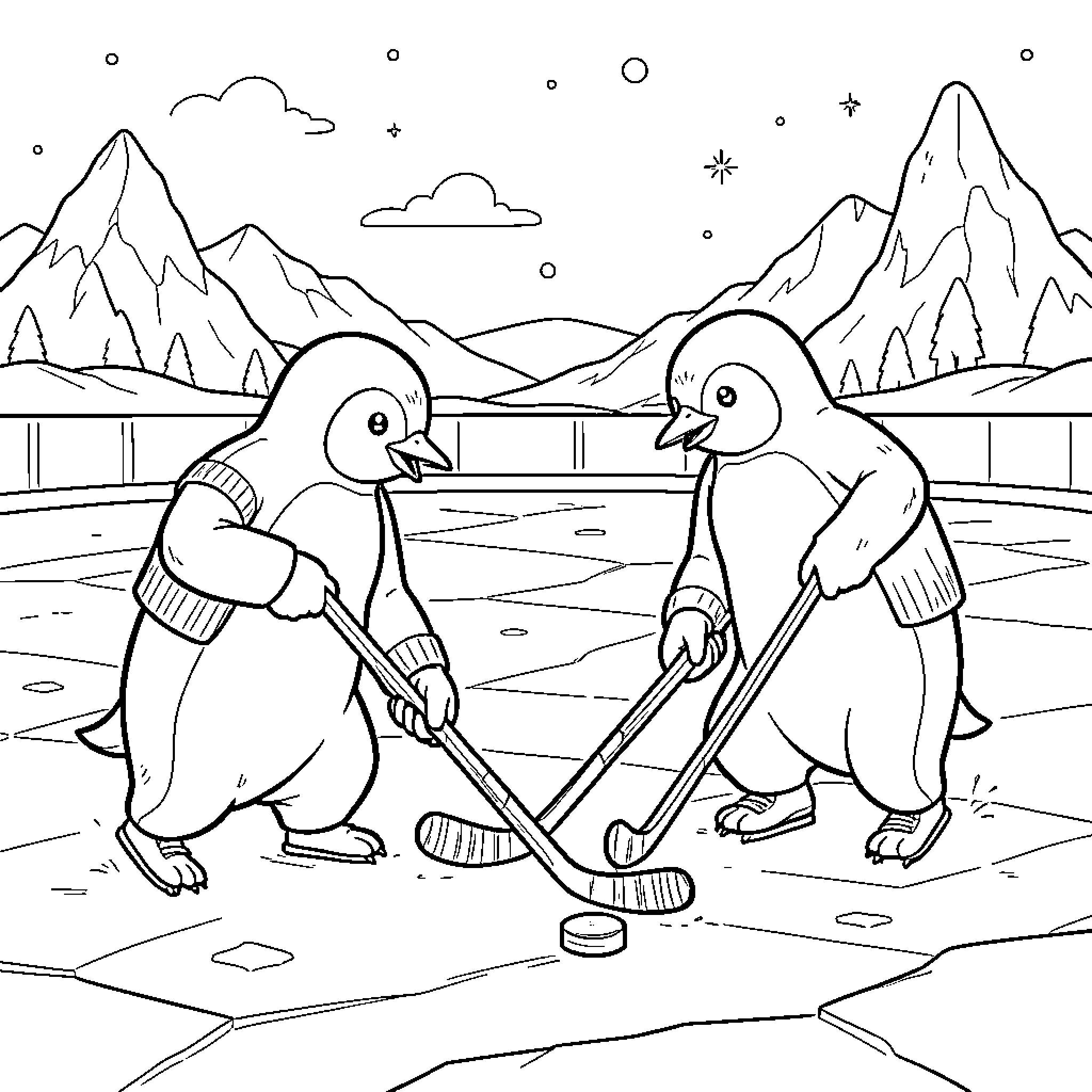 Penguins playing a game of ice hockey Coloring Page (free black-and-white line drawing printable PDF for all, from beginners to advanced learners, including children, teens, adults, and seniors)