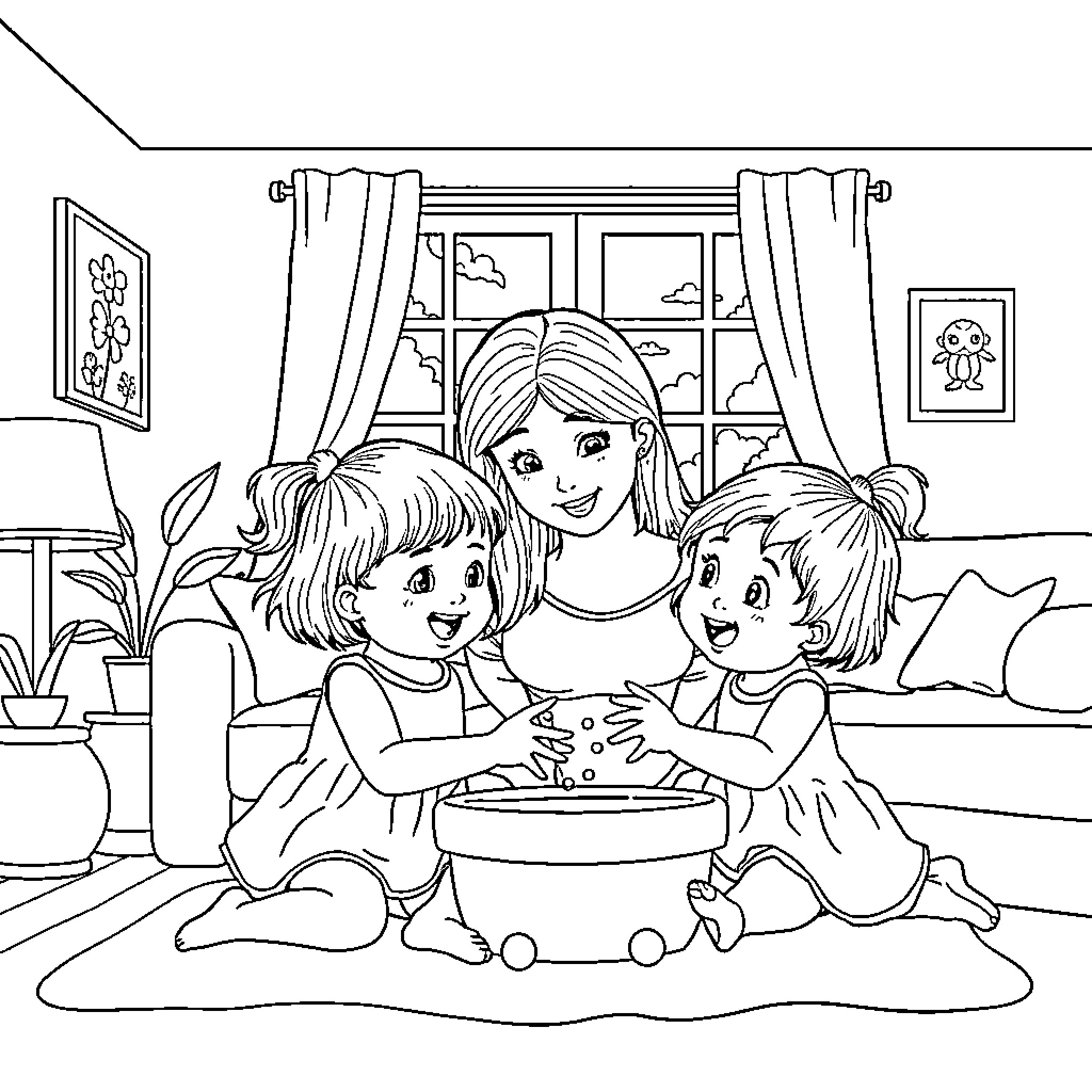 Baby Girl Spending Quality Time with Children Coloring Page (free black-and-white line drawing printable PDF for all, from beginners to advanced learners, including children, teens, adults, and seniors)