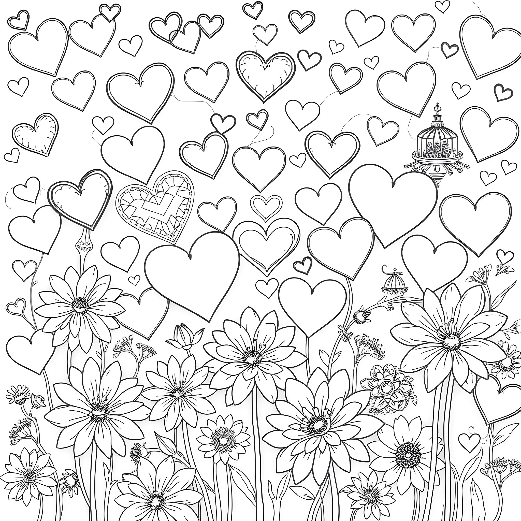 Heart-shaped artwork with floral elements Coloring Page (free black-and-white line drawing printable PDF for all, from beginners to advanced learners, including children, teens, adults, and seniors)