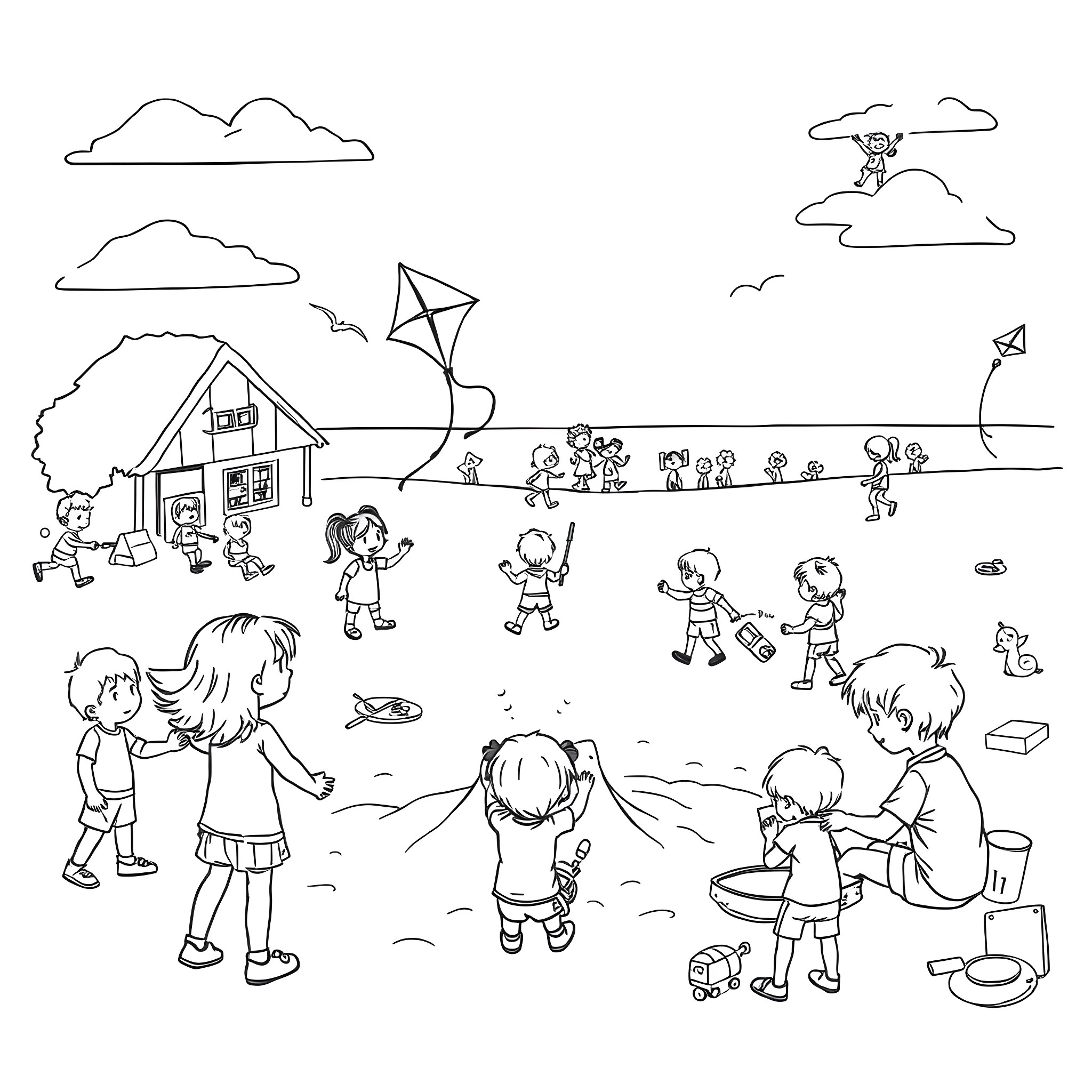 Kid's playful day at the outdoor park Coloring Page (free black-and-white line drawing printable PDF for all, from beginners to advanced learners, including children, teens, adults, and seniors)