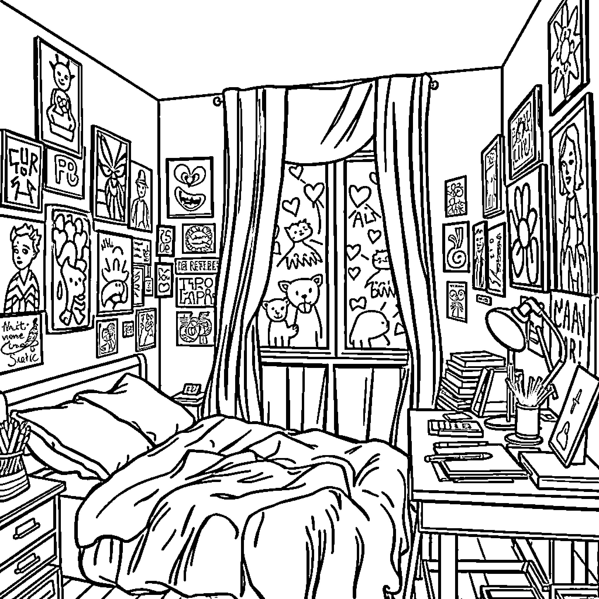 Girl's cozy and personalized bedroom Coloring Page (free black-and-white line drawing printable PDF for all, from beginners to advanced learners, including children, teens, adults, and seniors)
