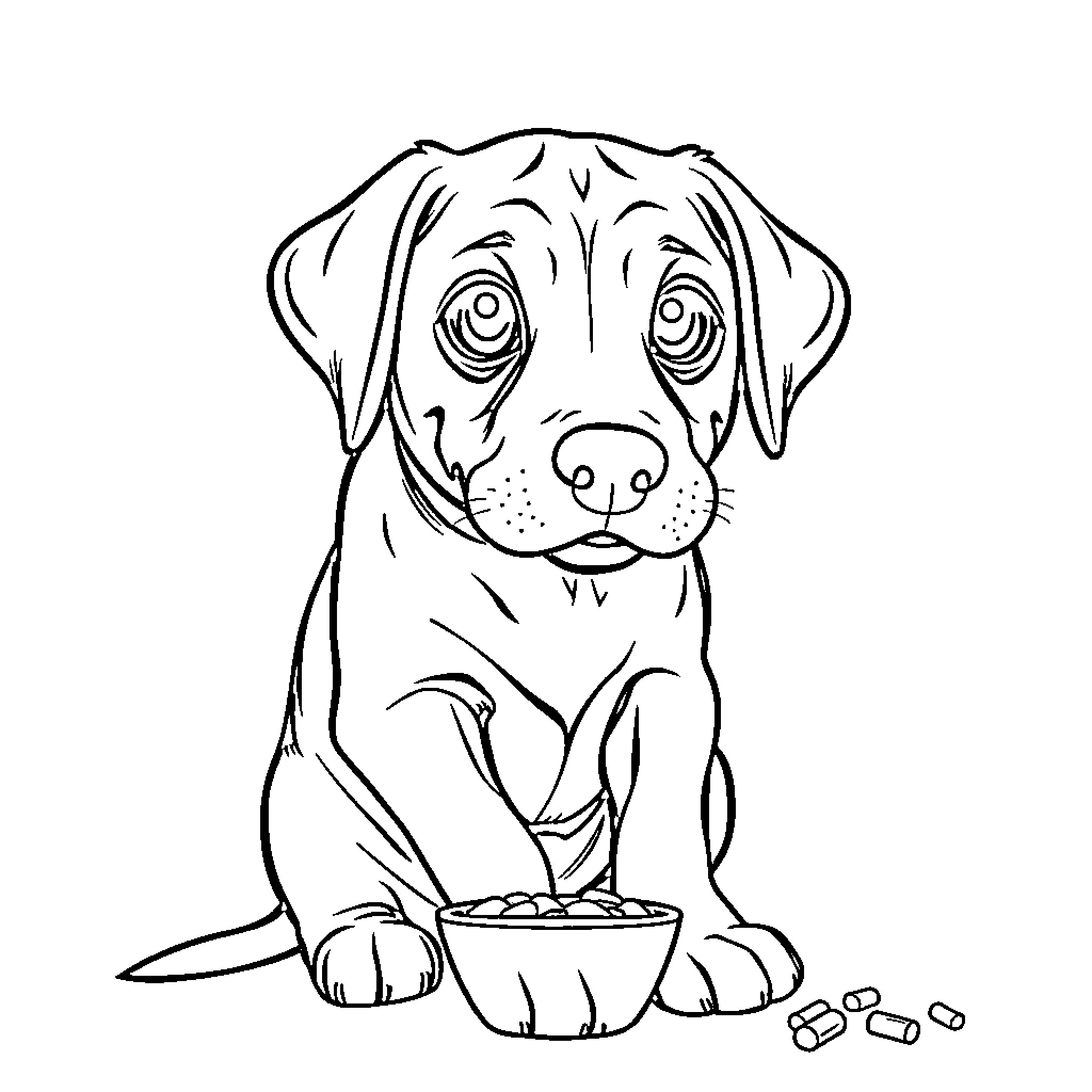 Chocolate Lab Eating Dog Treats Coloring Page (free black-and-white line drawing printable PDF for all, from beginners to advanced learners, including children, teens, adults, and seniors)