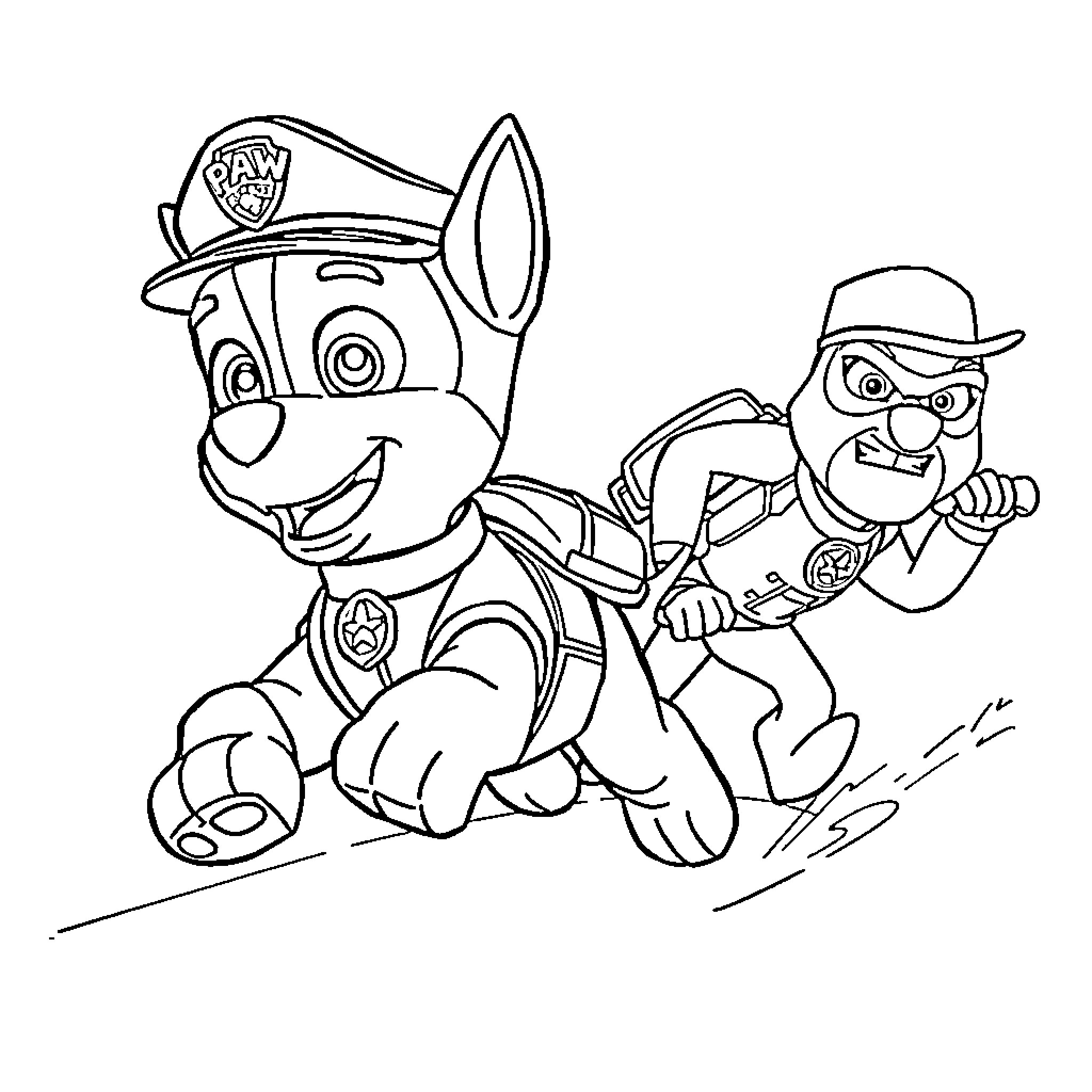 Chase of costumed characters in action Coloring Page (free black-and-white line drawing printable PDF for all, from beginners to advanced learners, including children, teens, adults, and seniors)