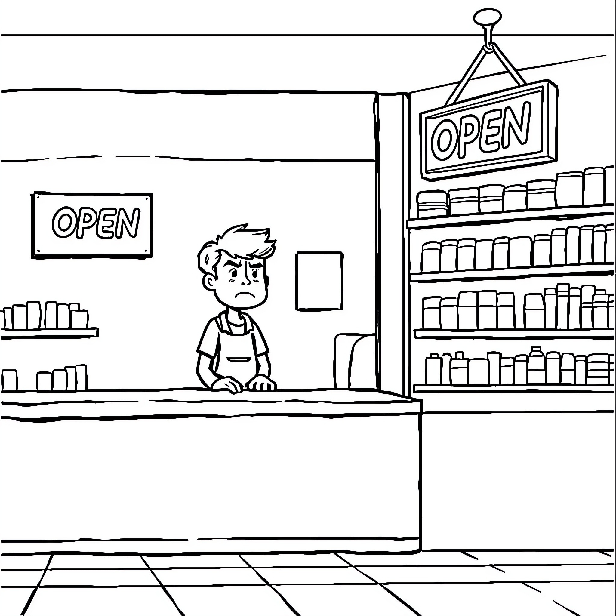 Shop Owner Awaits Customers at Storefront Coloring Page (free black-and-white line drawing printable PDF for all, from beginners to advanced learners, including children, teens, adults, and seniors)