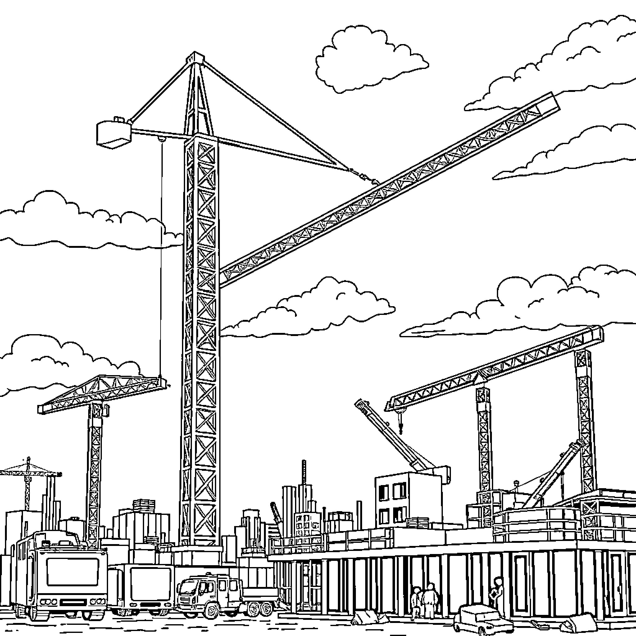 Crane lifting construction materials at a work site Coloring Page (free black-and-white line drawing printable PDF for all, from beginners to advanced learners, including children, teens, adults, and seniors)