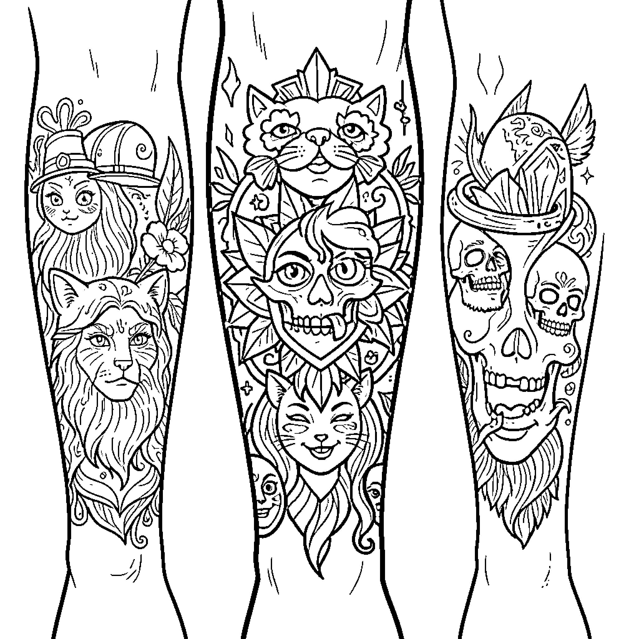 Old School Tattoo Designs with Mythical Creatures Coloring Page (free black-and-white line drawing printable PDF for all, from beginners to advanced learners, including children, teens, adults, and seniors)