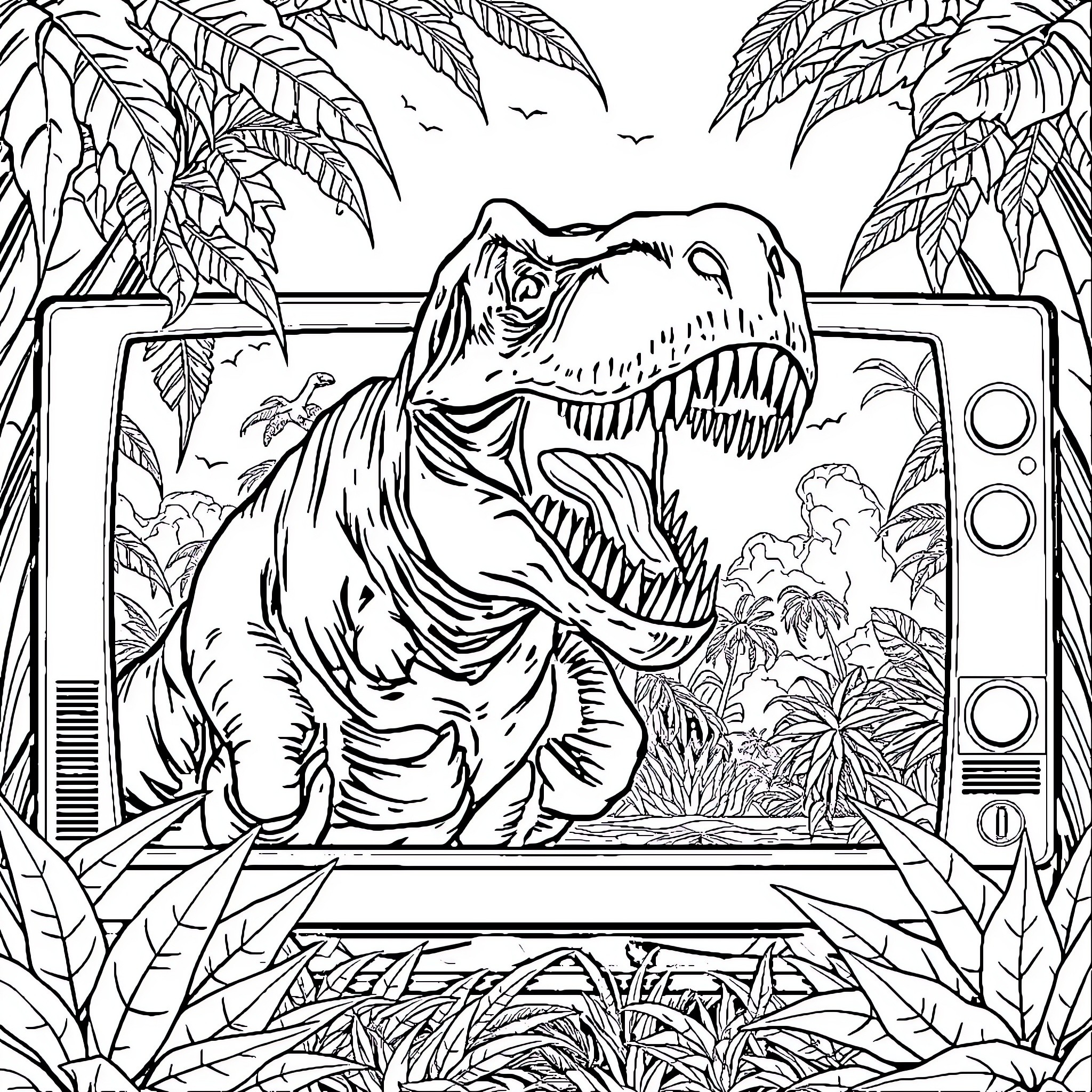 TV Prehistoric Dinosaur in Jungle Landscape Coloring Page (free black-and-white line drawing printable PDF for all, from beginners to advanced learners, including children, teens, adults, and seniors)