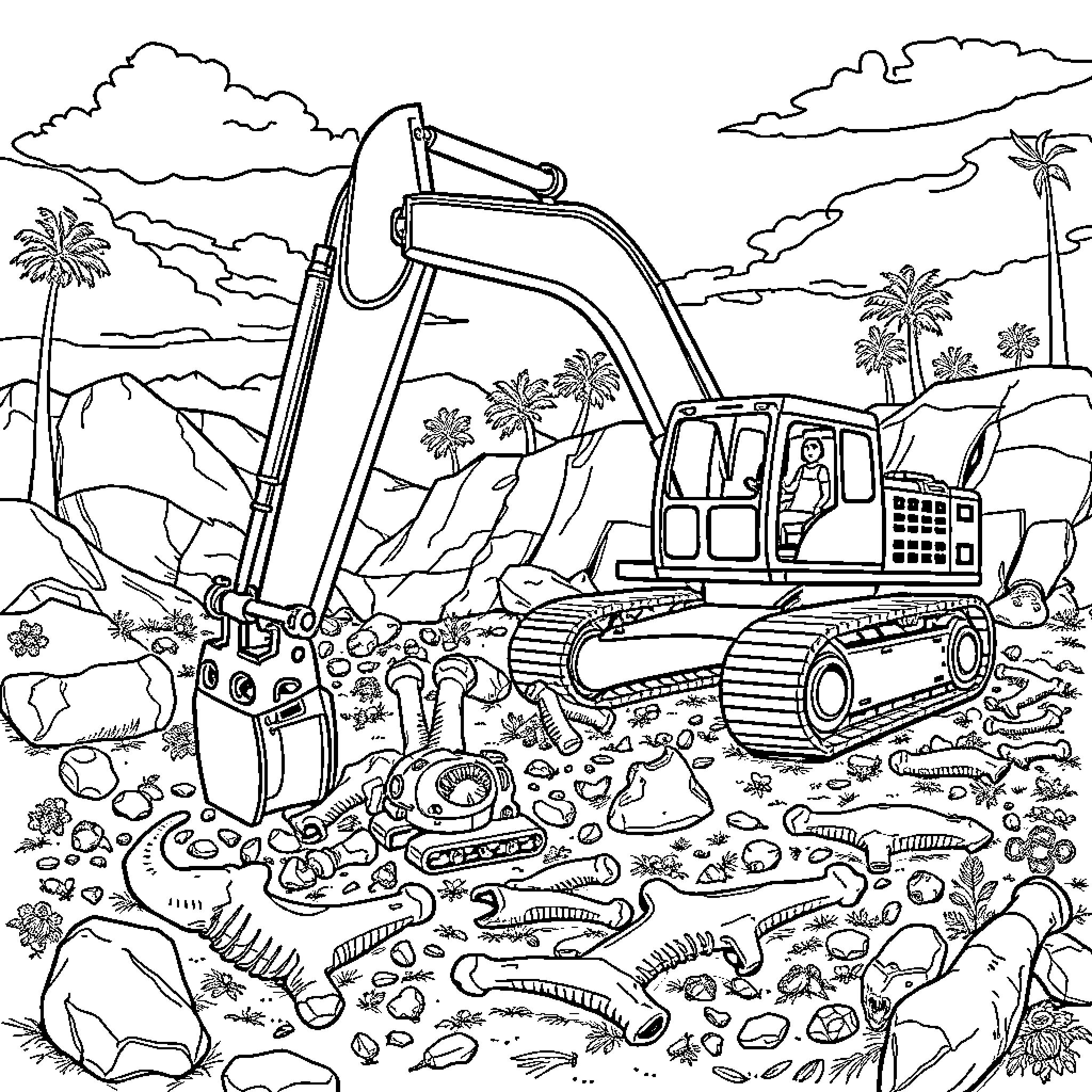 Excavator operating in a tropical landscape Coloring Page (free black-and-white line drawing printable PDF for all, from beginners to advanced learners, including children, teens, adults, and seniors)