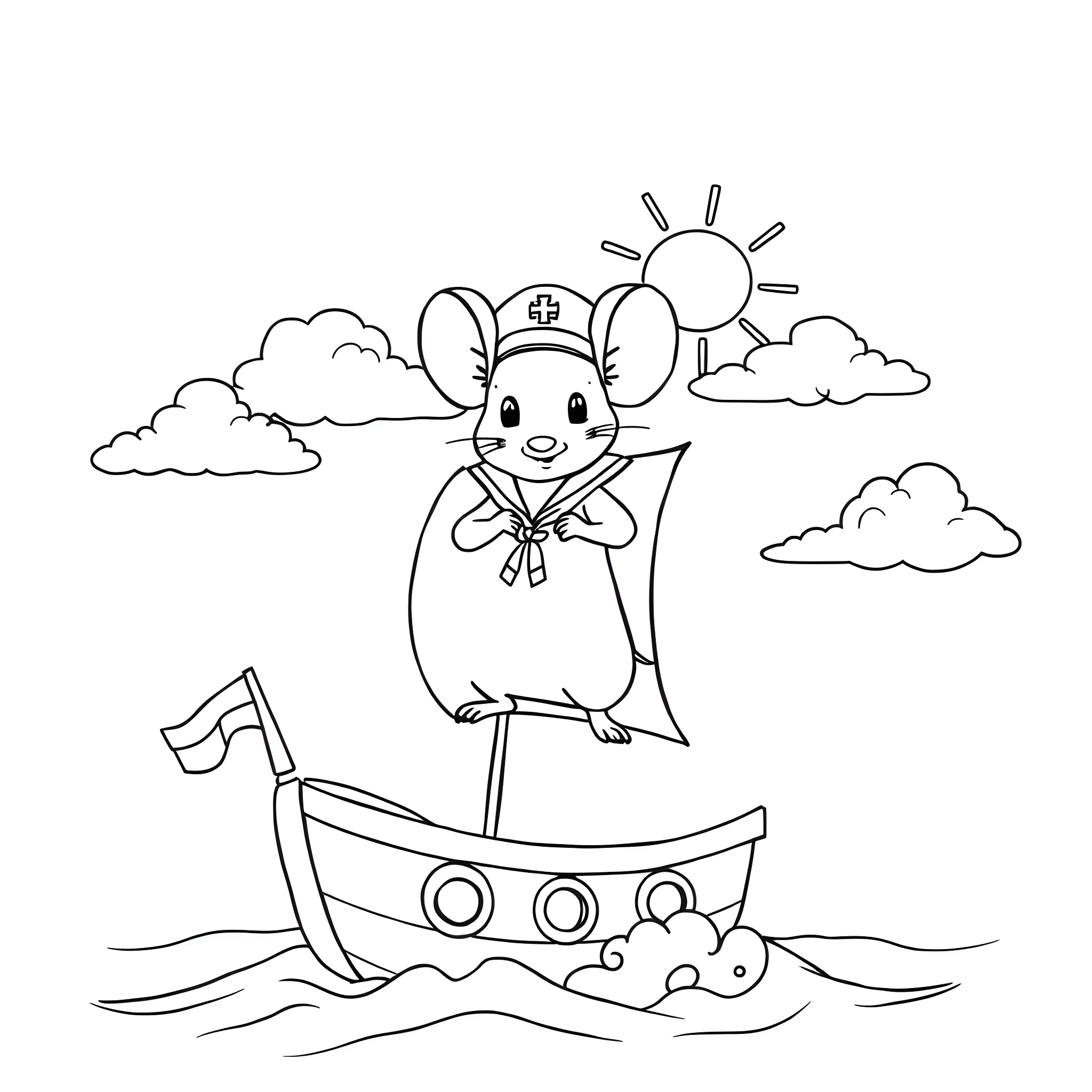 Mouse sailing happily on a boat in the sun Coloring Page (free black-and-white line drawing printable PDF for all, from beginners to advanced learners, including children, teens, adults, and seniors)