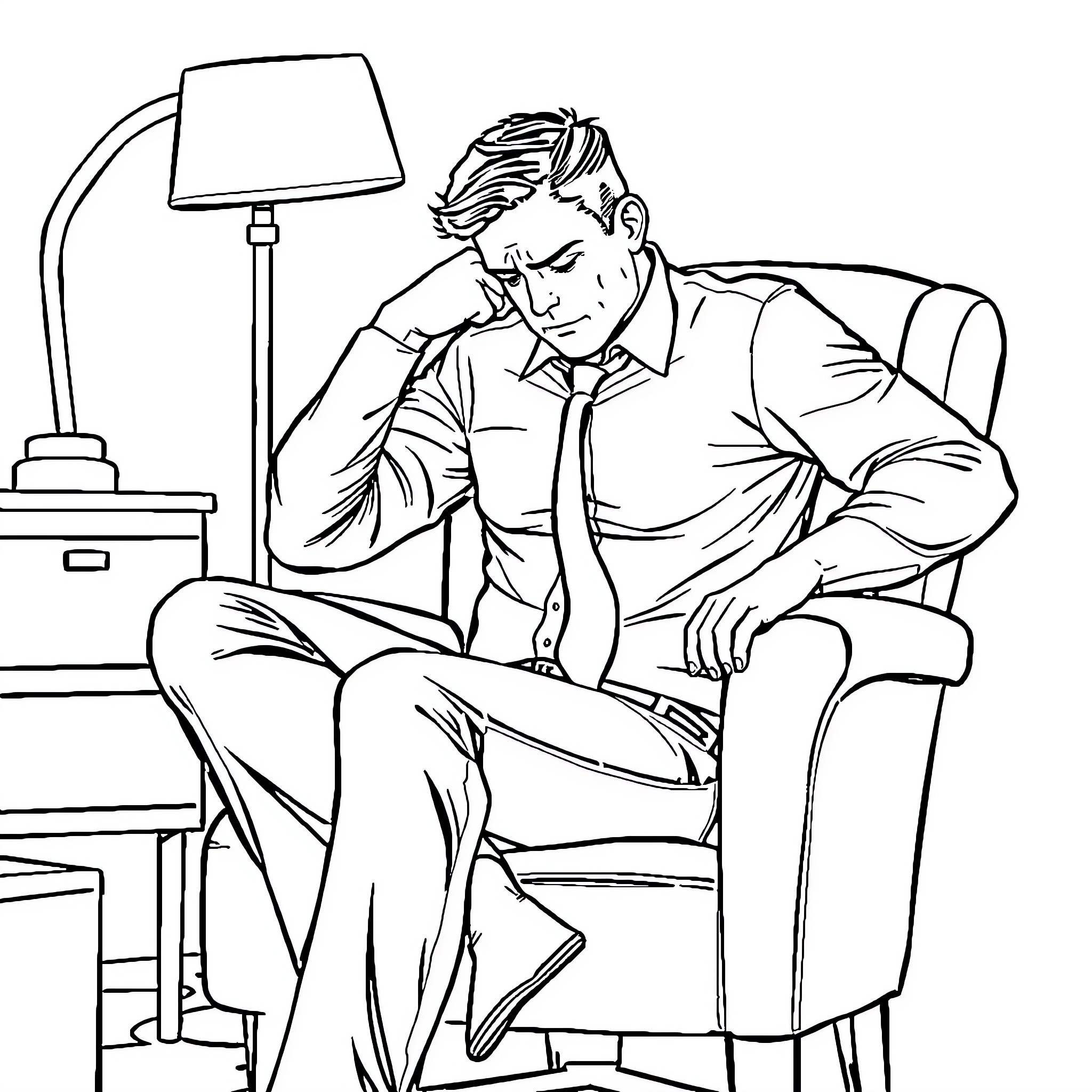 Man sitting pensively in office chair Coloring Page (free black-and-white line drawing printable PDF for all, from beginners to advanced learners, including children, teens, adults, and seniors)