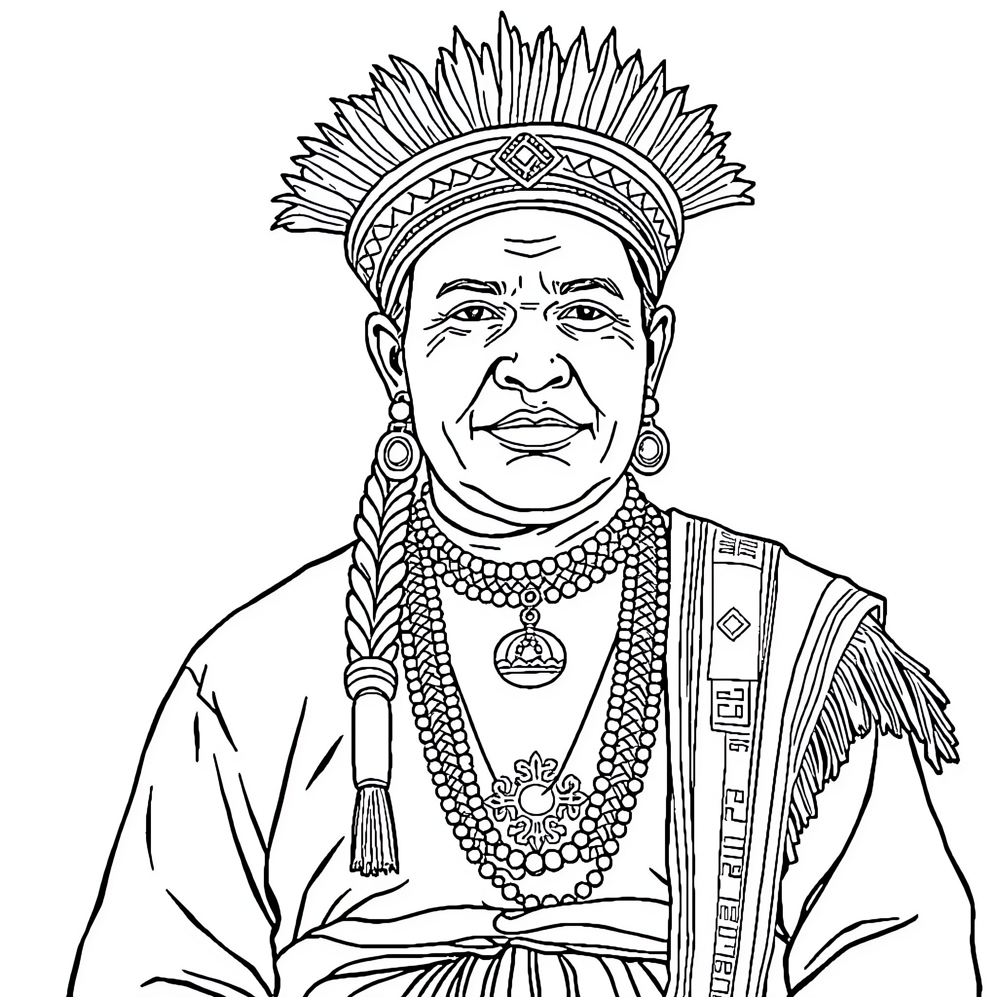 Peruano man with traditional headgear and ornaments Coloring Page (free black-and-white line drawing printable PDF for all, from beginners to advanced learners, including children, teens, adults, and seniors)