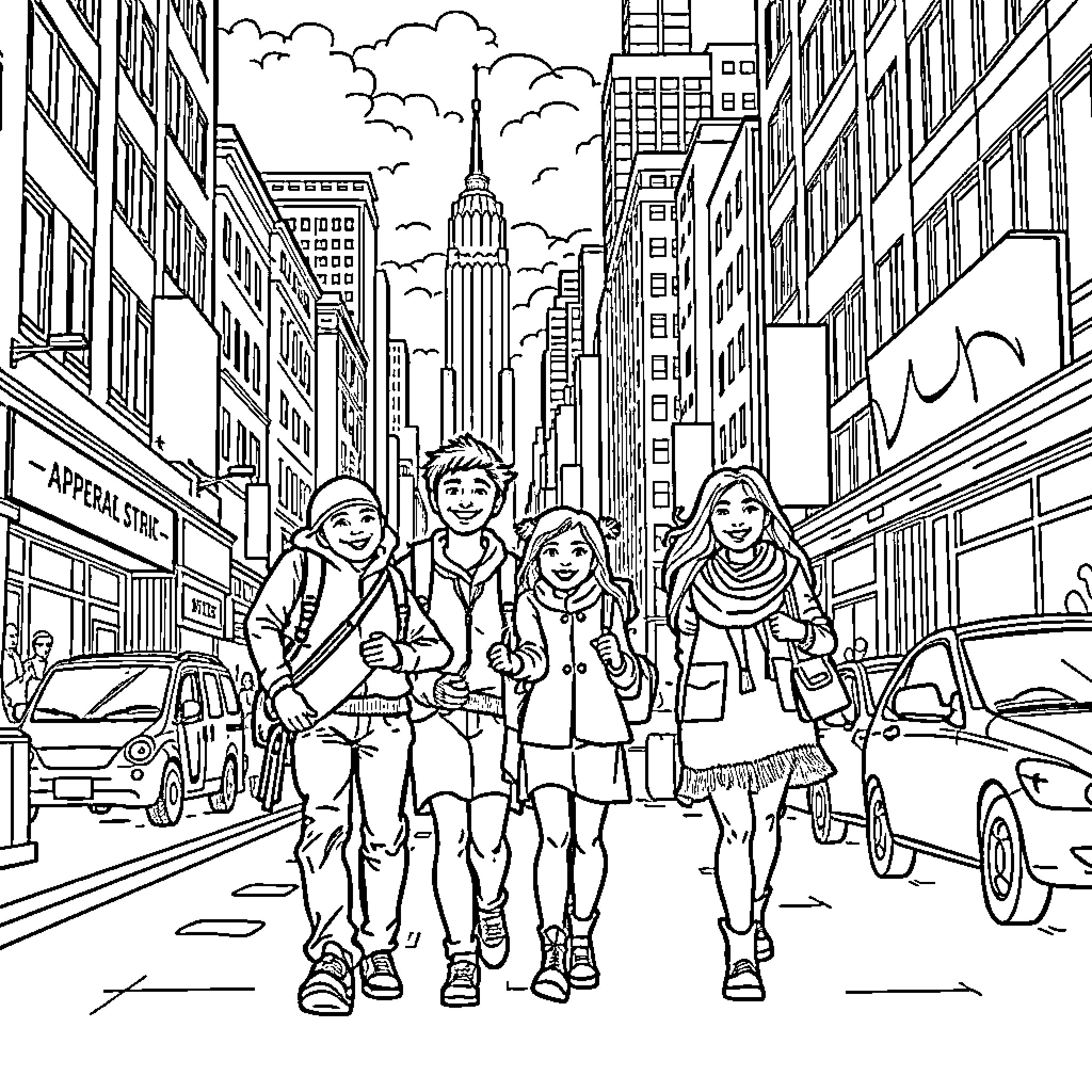Family Exploring the City Streets Coloring Page (free black-and-white line drawing printable PDF for all, from beginners to advanced learners, including children, teens, adults, and seniors)