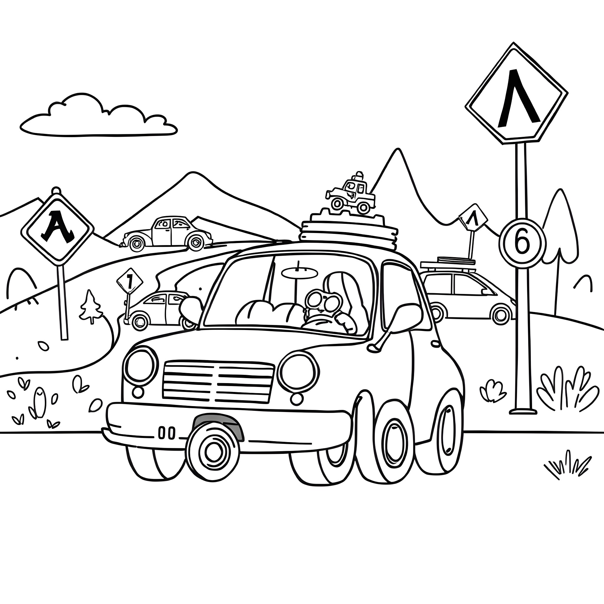 Cars on the Winding Road Through the Mountains Coloring Page (free black-and-white line drawing printable PDF for all, from beginners to advanced learners, including children, teens, adults, and seniors)