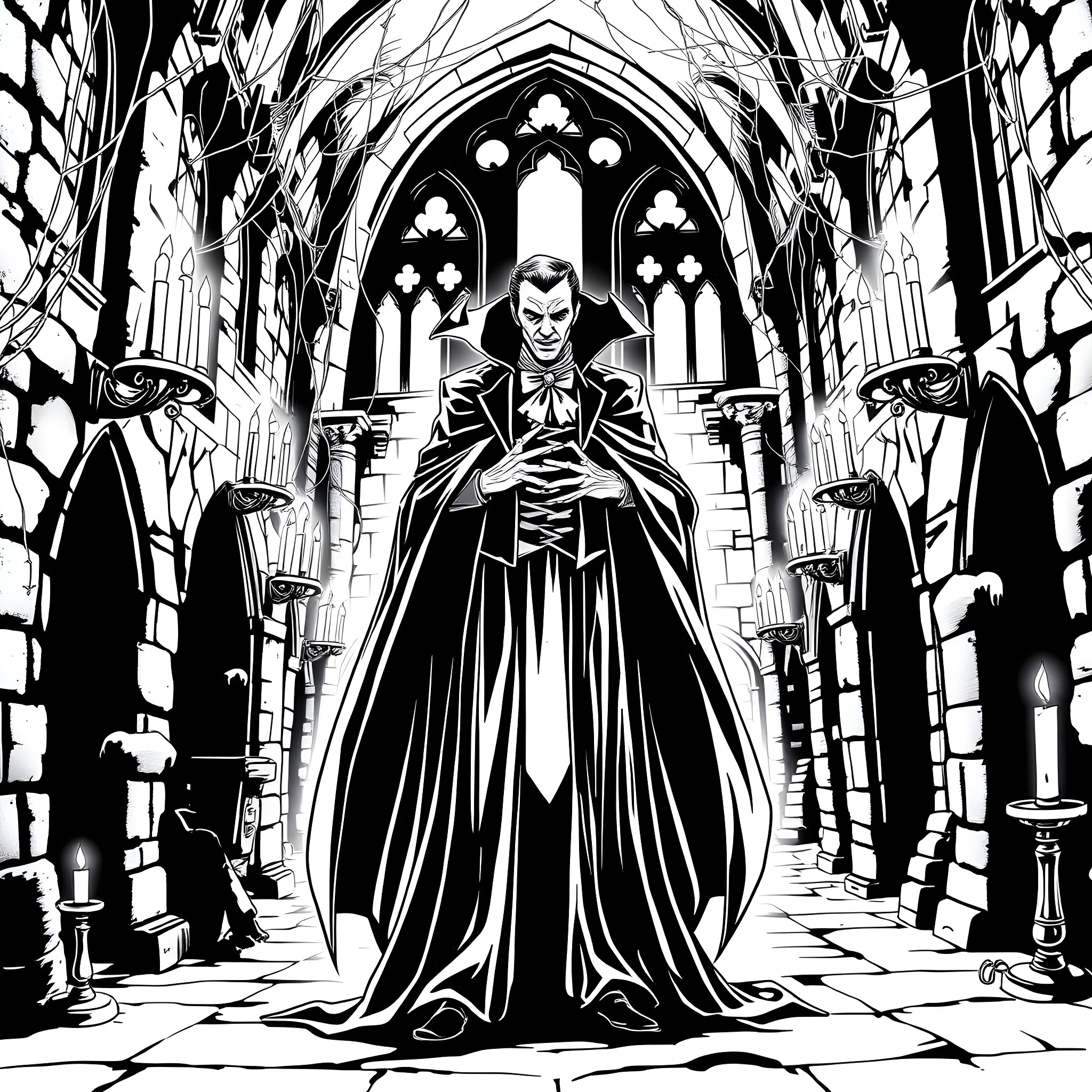 Dracula's Ominous Presence in the Gothic Cathedral Coloring Page (free black-and-white line drawing printable PDF for all, from beginners to advanced learners, including children, teens, adults, and seniors)
