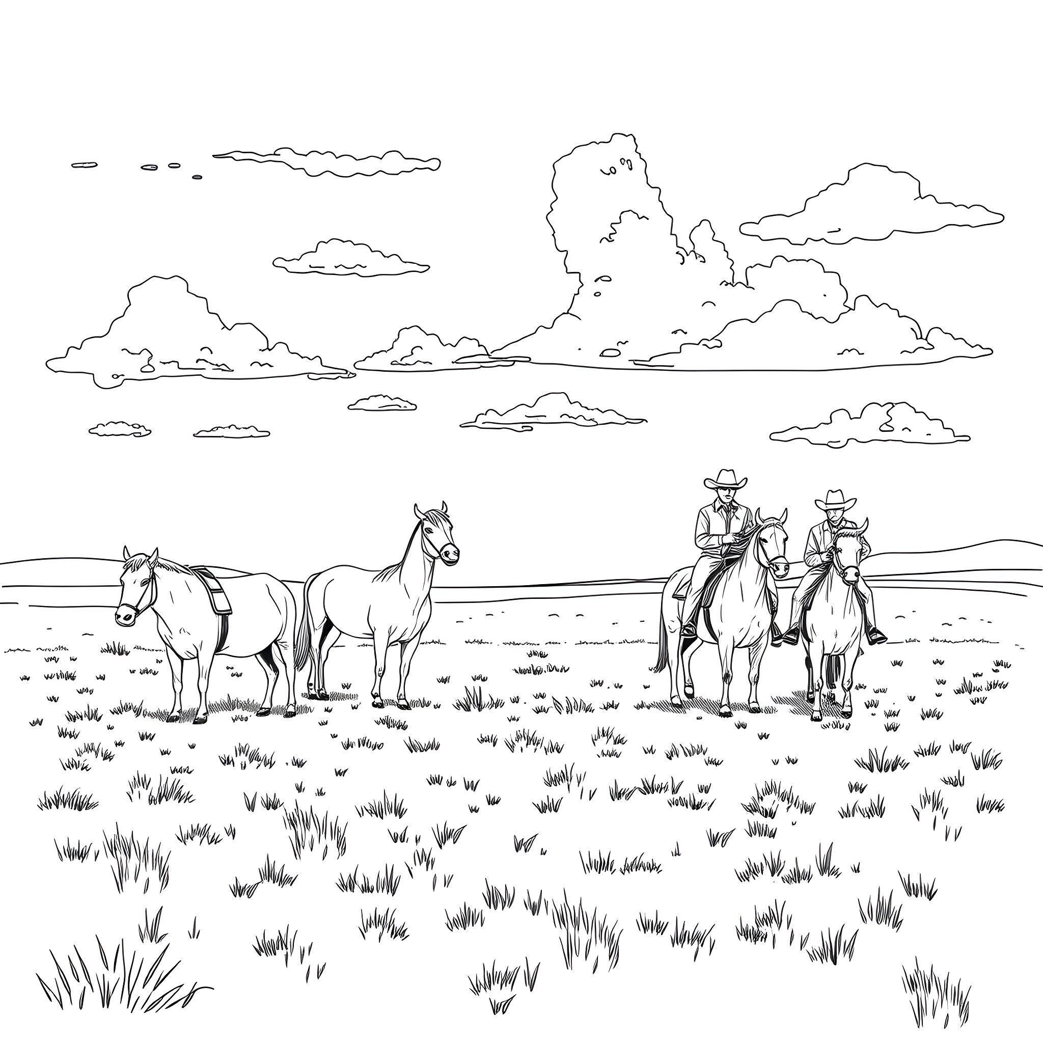 Cow and Horses Riding in the Countryside Coloring Page (free black-and-white line drawing printable PDF for all, from beginners to advanced learners, including children, teens, adults, and seniors)