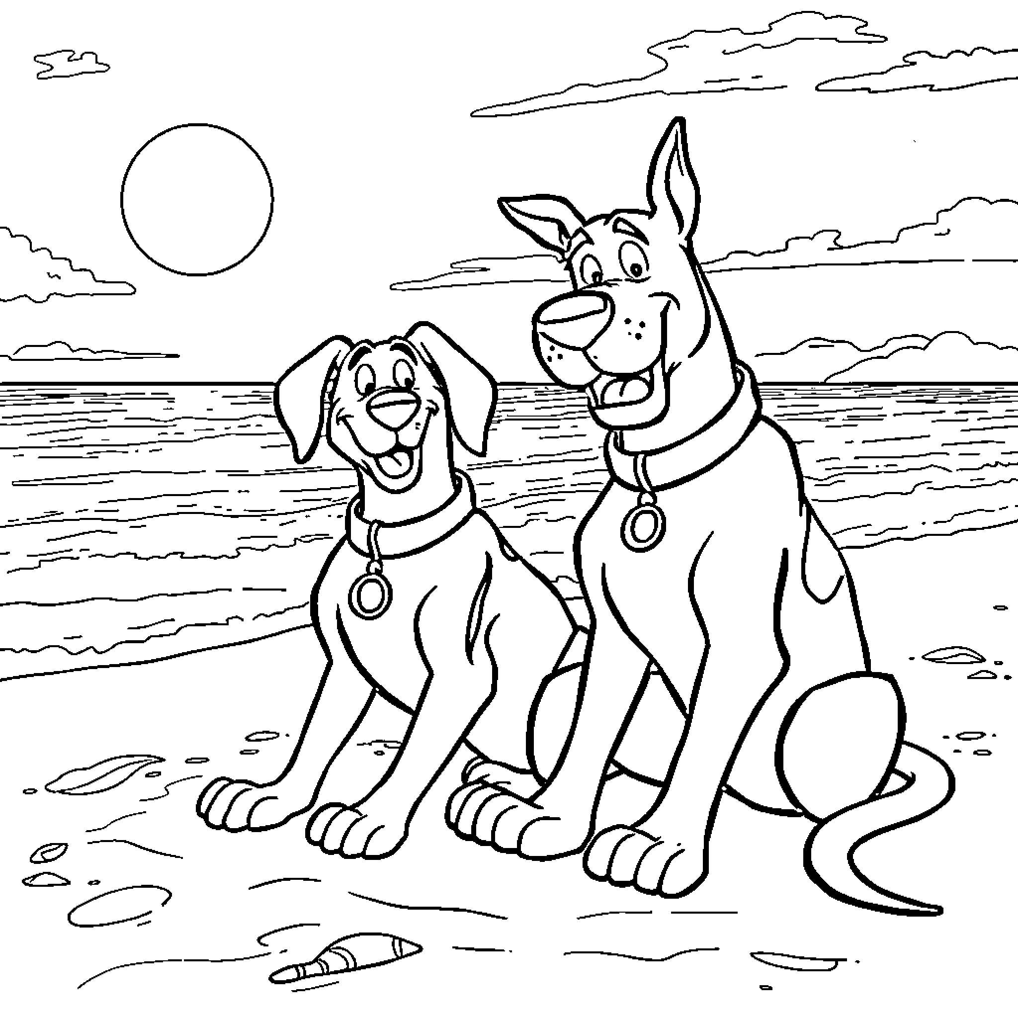 Dogman and his canine companion on the beach Coloring Page (free black-and-white line drawing printable PDF for all, from beginners to advanced learners, including children, teens, adults, and seniors)
