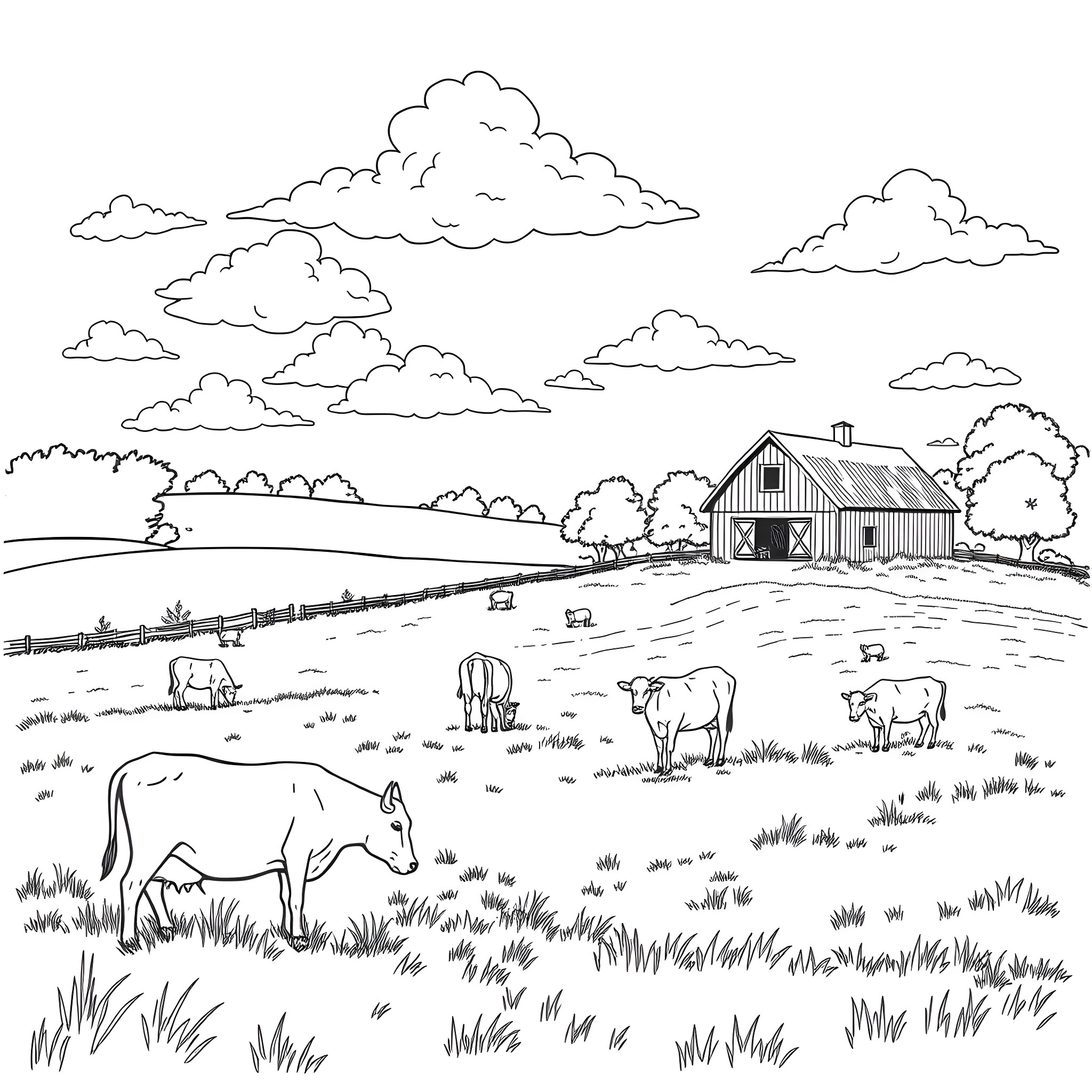 Cows grazing peacefully in a rural countryside landscape Coloring Page (free black-and-white line drawing printable PDF for all, from beginners to advanced learners, including children, teens, adults, and seniors)