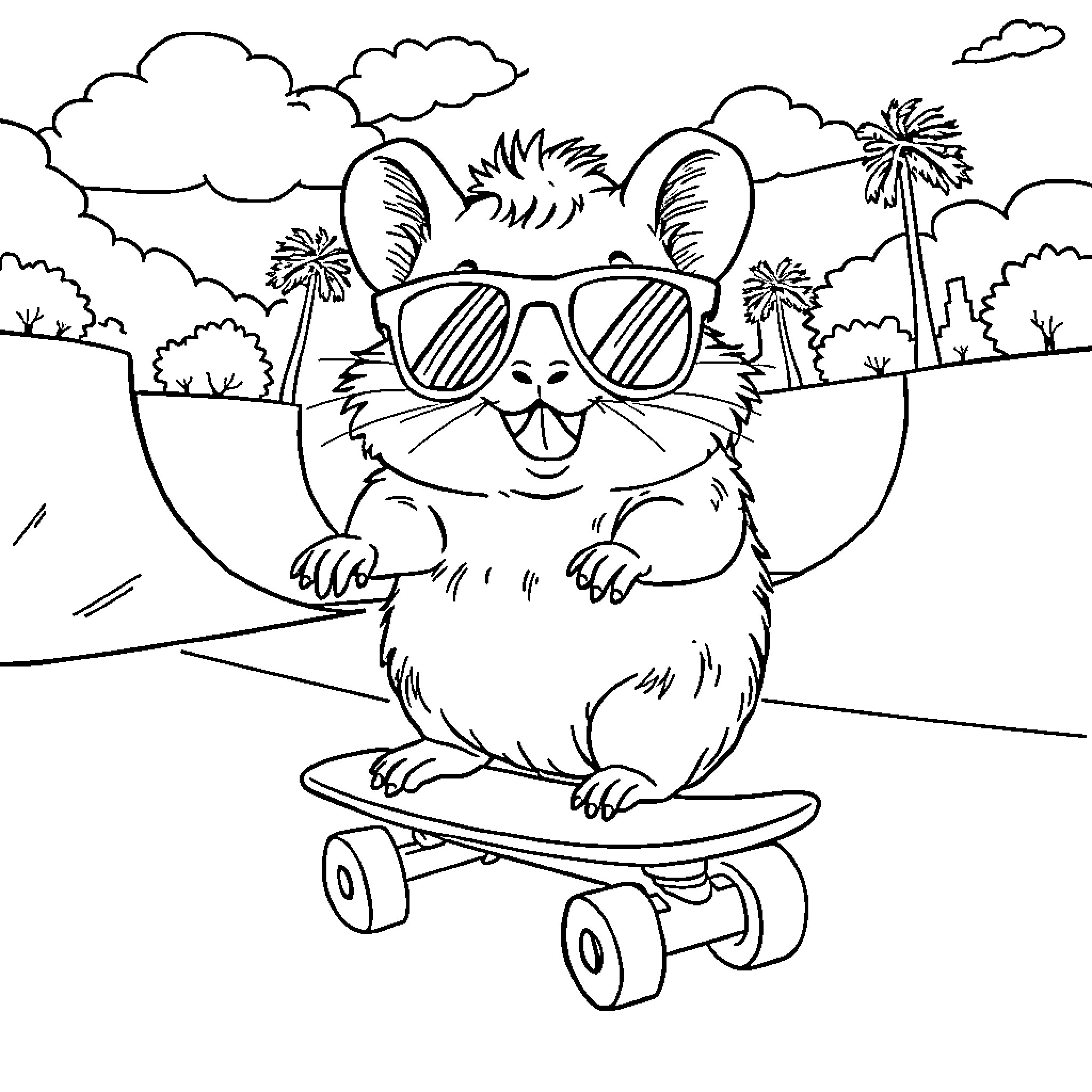 Hamster skateboarding in a sunny landscape Coloring Page (free black-and-white line drawing printable PDF for all, from beginners to advanced learners, including children, teens, adults, and seniors)