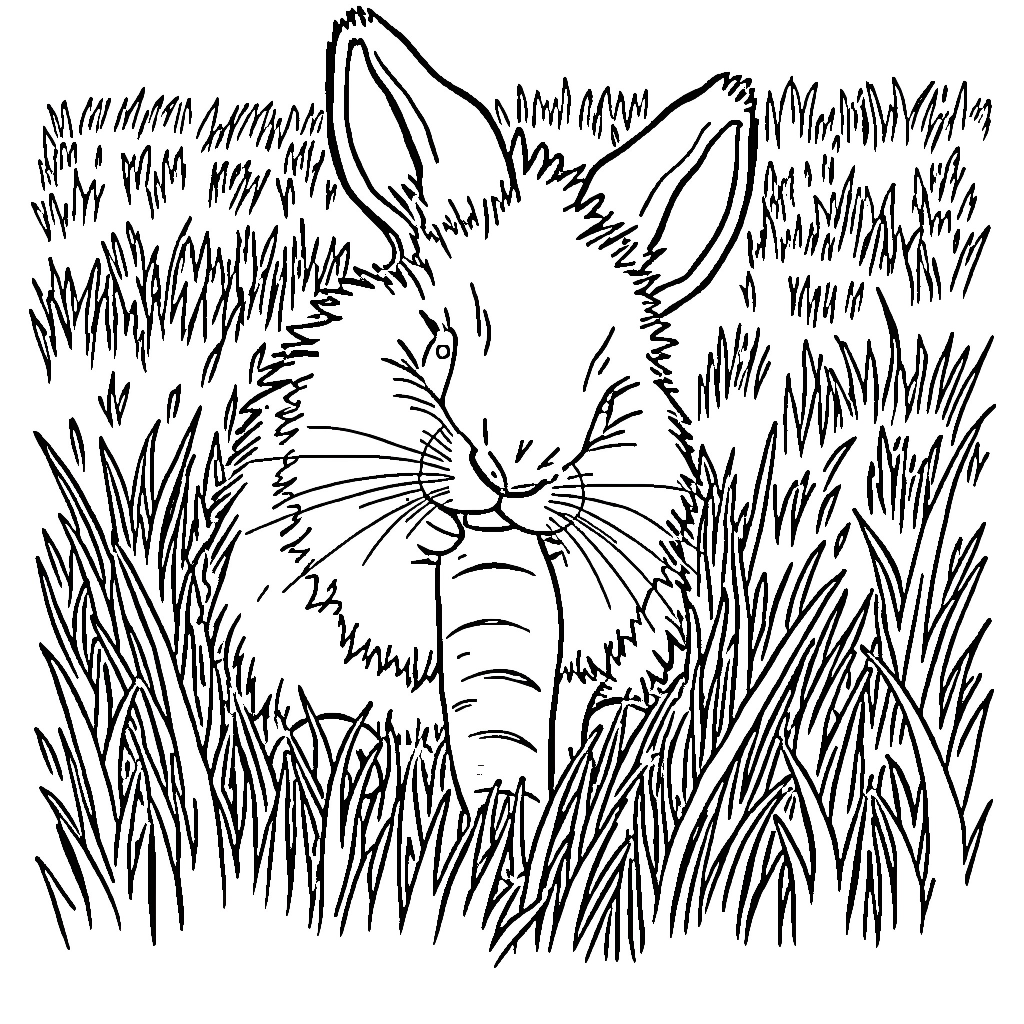 Bunny peering through tall grass Coloring Page (free black-and-white line drawing printable PDF for all, from beginners to advanced learners, including children, teens, adults, and seniors)