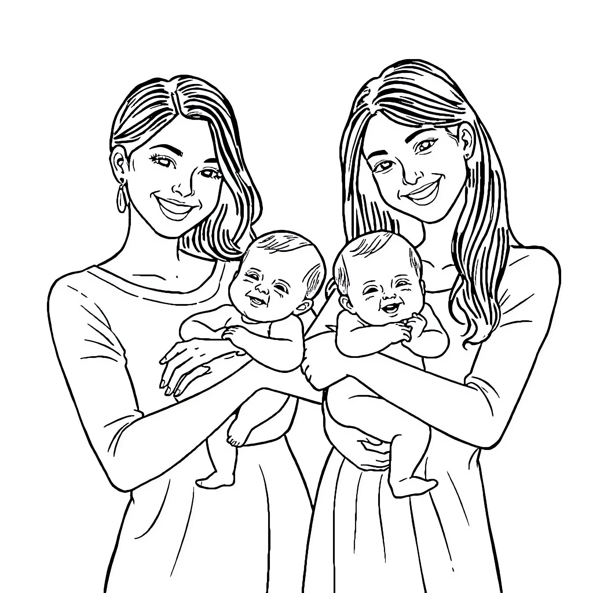 Lady with her children enjoying family moment Coloring Page (free black-and-white line drawing printable PDF for all, from beginners to advanced learners, including children, teens, adults, and seniors)